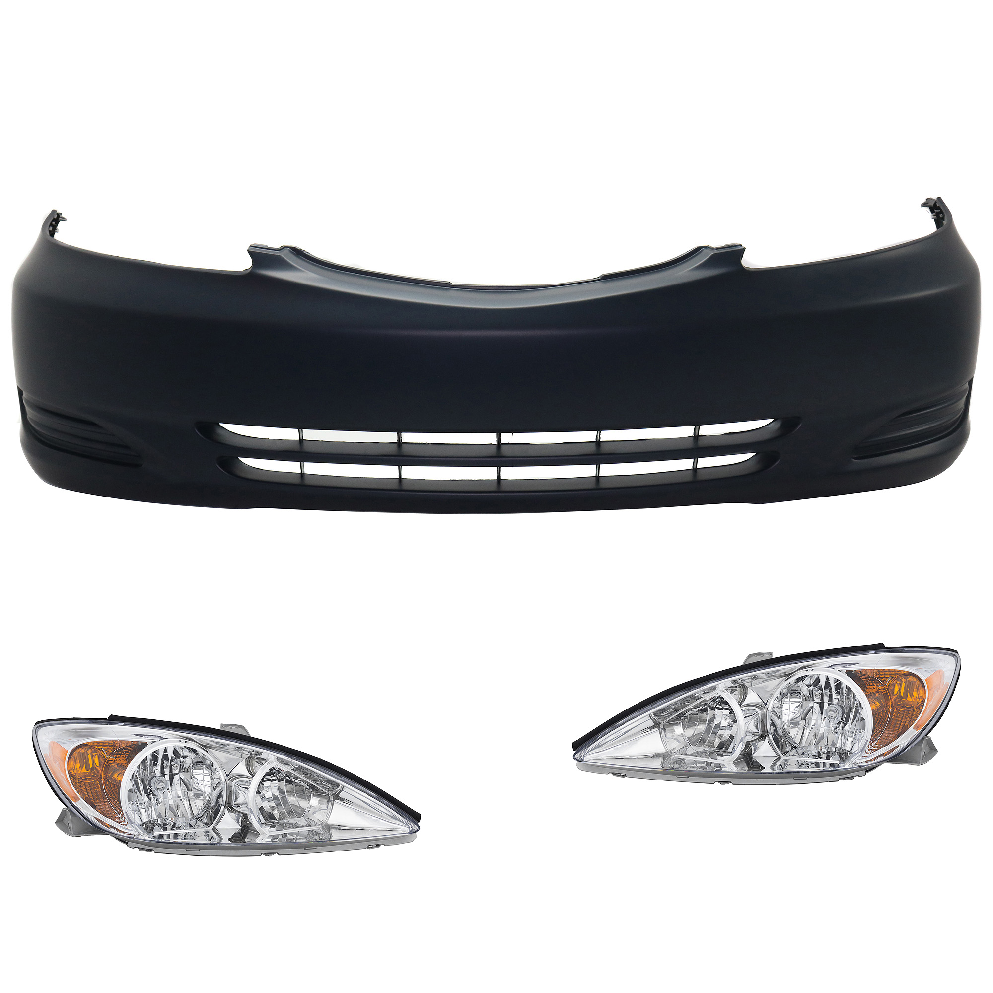 AM CAMRY 02-04 HEAD LAMP RH AND LH Assembly Halogen 3 pc Kit with Bumper Cover SKU KIT 031118-34 Partslink TO2503137 TO2502137 TO1000230 OEM 81110AA060-81150AA060-52119AA9