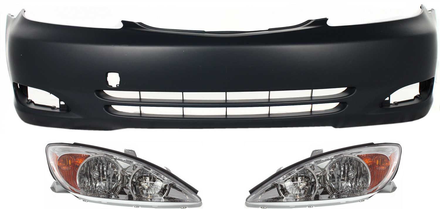 AM CAMRY 02-04 HEAD LAMP RH AND LH Assembly Halogen 3 pc Kit with Bumper Cover SKU KIT 031118-35 Partslink TO2503137 TO2502137 TO1000232 OEM 81110AA060-81150AA060-52119339
