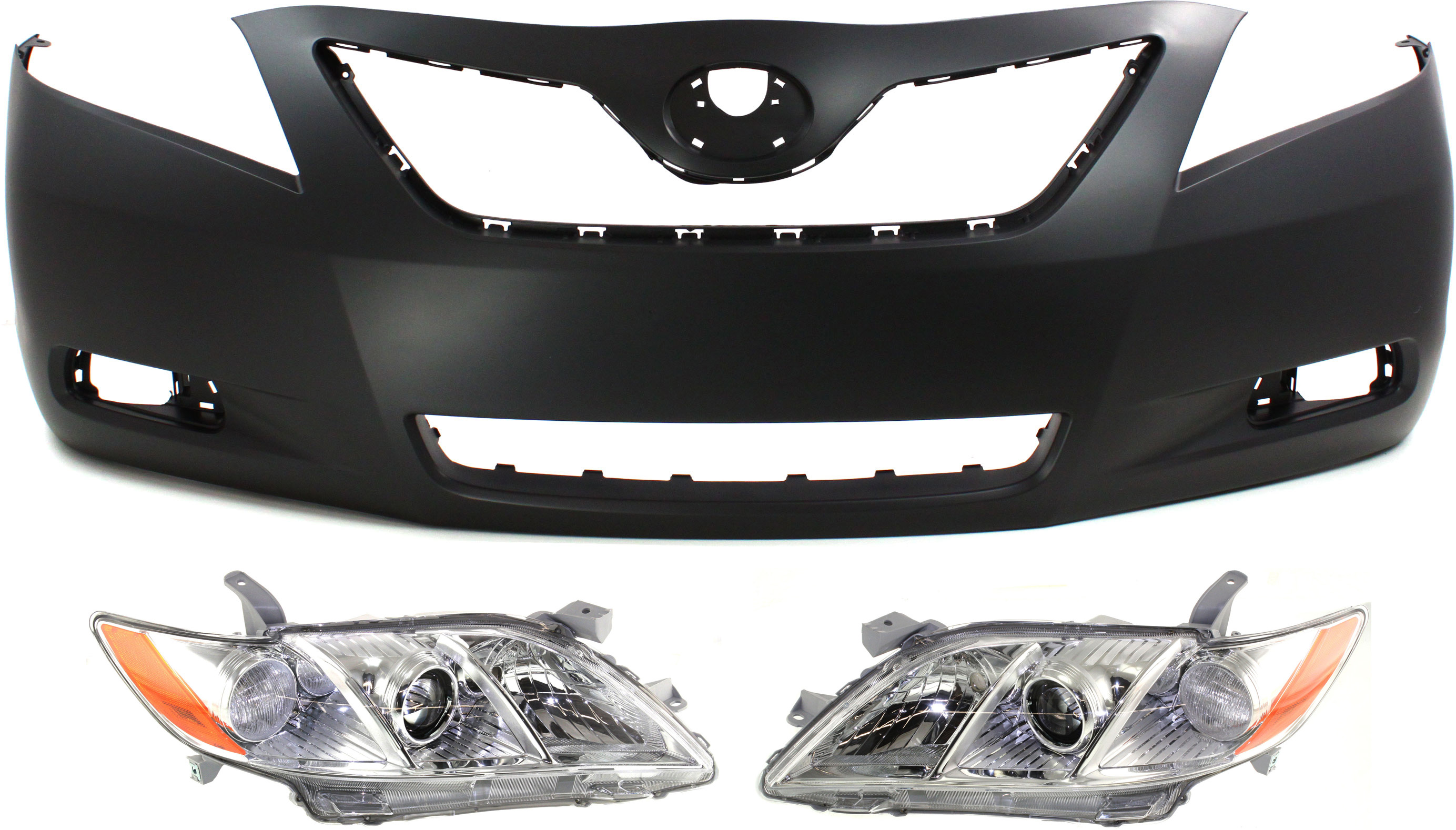 AM CAMRY 07-09 HEAD LAMP RH AND LH Lens and Housing Halogen 3 pc Kit with Bumper Cover SKU KIT 031118-39 Partslink TO2519105 TO2518105 TO1000329 OEM 8113006201-8117006201-52119069