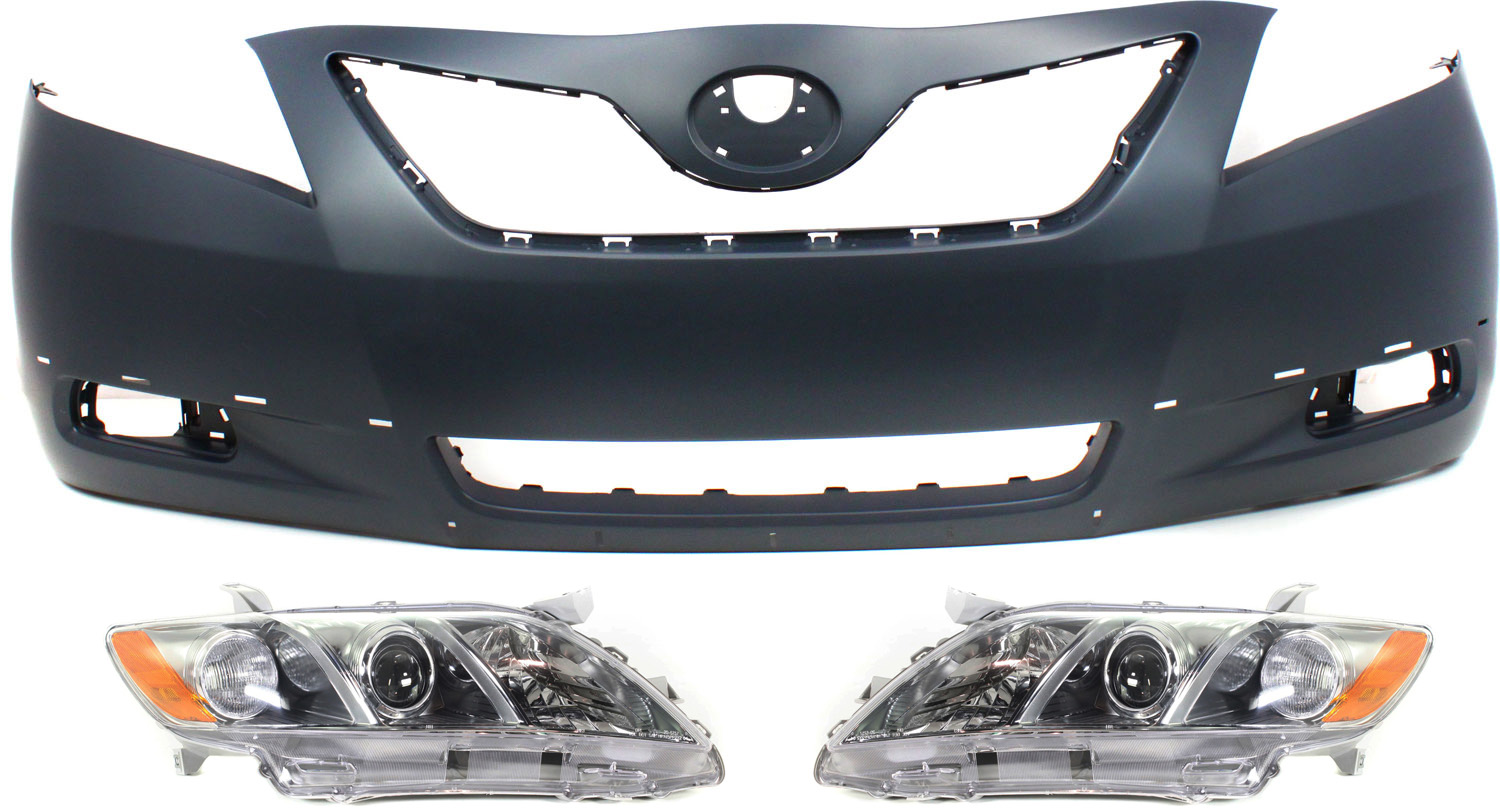 AM CAMRY 07-09 HEAD LAMP RH AND LH Lens and Housing Halogen 3 pc Kit with Bumper Cover SKU KIT 031118-43 Partslink TO2519130 TO2518130 TO1000318 OEM 8113006212-8117006212-52119069