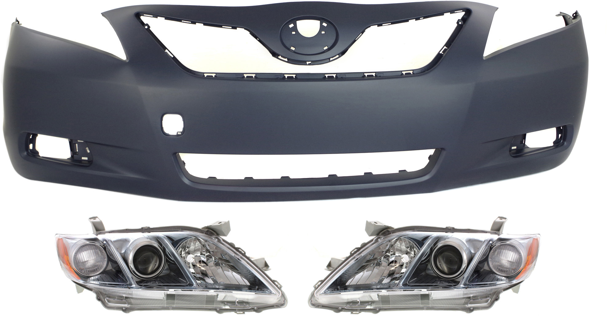 AM CAMRY 07-09 HEAD LAMP RH AND LH Lens and Housing Halogen 3 pc Kit with Bumper Cover SKU KIT 031118-44 Partslink TO2503174 TO2502174 TO1000327 OEM 8113033662-8117033662-52119339
