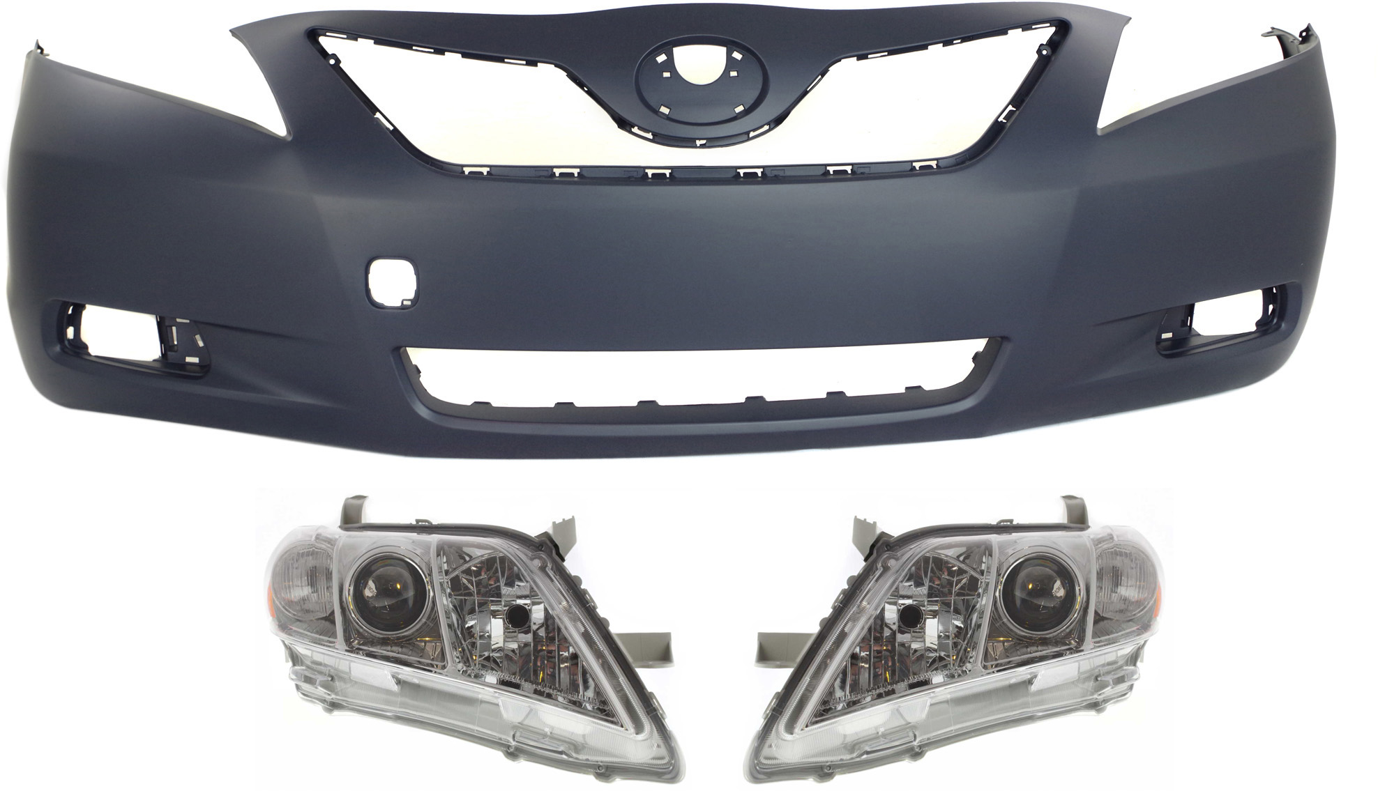 AM CAMRY 07-09 HEAD LAMP RH AND LH Lens and Housing Halogen 3 pc Kit with Bumper Cover SKU KIT 031118-45 Partslink TO2503167 TO2502167 TO1000327 OEM 8113033652-8117033652-52119339