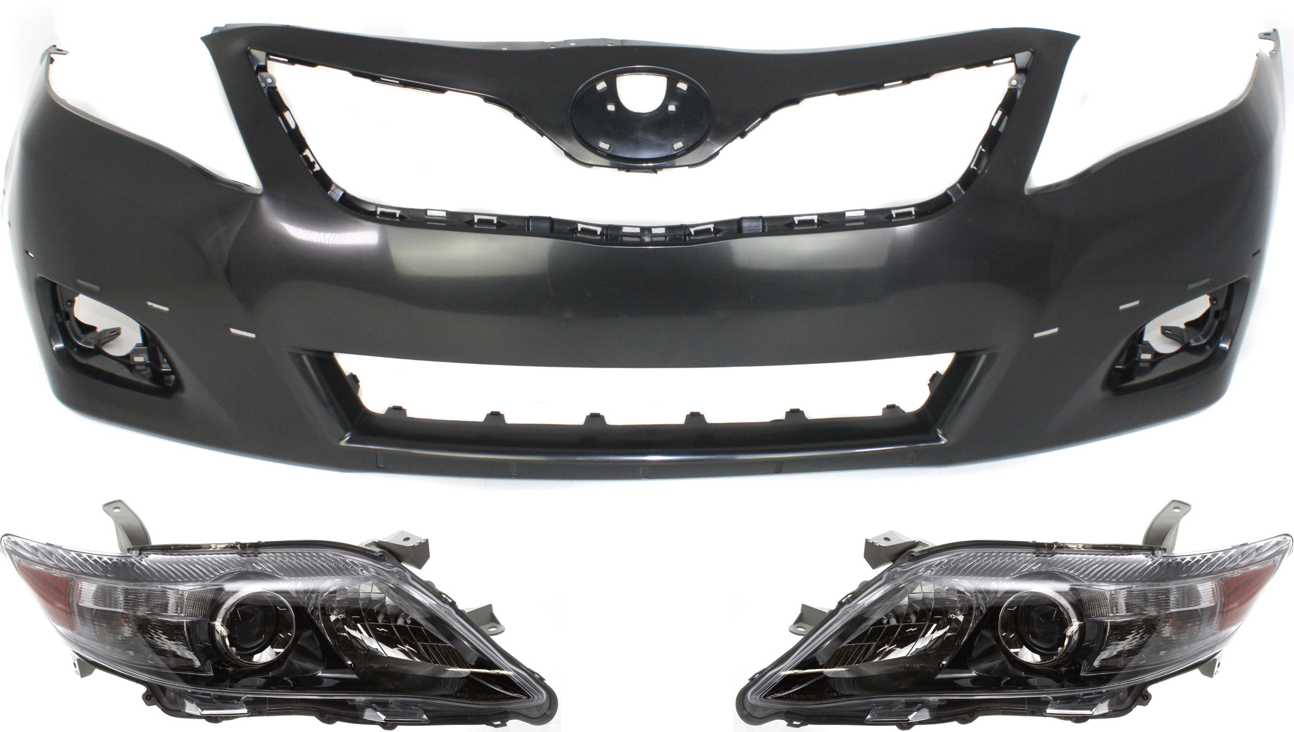 AM CAMRY 10-11 HEAD LAMP RH AND LH Assembly Halogen 3 pc Kit with Bumper Cover SKU KIT 031118-49 Partslink TO2502193 TO2503193 TO1000355 OEM 8111006510-8115006510-52119069