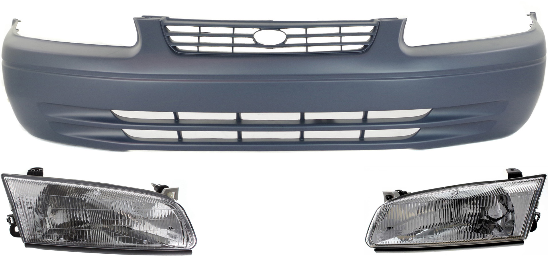 AM CAMRY 97-99 FRONT BUMPER COVER 3 pc Kit with Headlights Sedan SKU KIT 031118-52 Partslink TO1000187 TO2502117 TO2503117 OEM 52119AA901-81150AA010-81110AA0