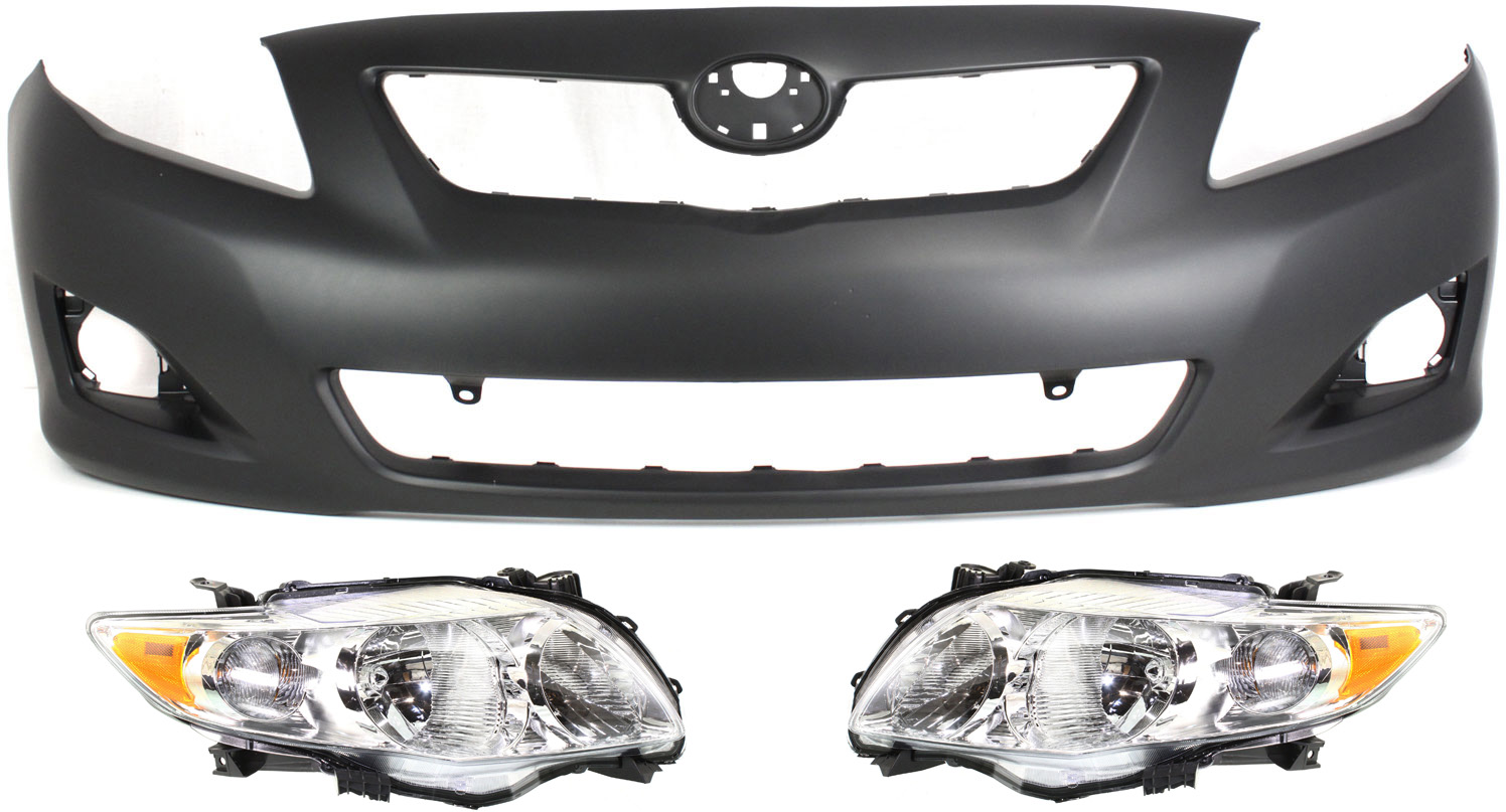 AM COROLLA 09-10 FRONT BUMPER COVER 3 pc Kit with Headlights CAPA SKU KIT 031118-54 Partslink TO1000343C TO2502182C TO2503182C OEM 5211902990-8111002670-81150026