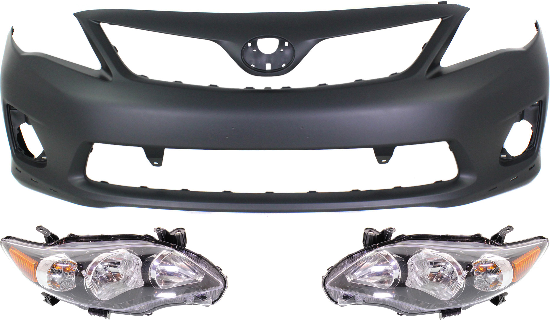 AM COROLLA 11-13 FRONT BUMPER COVER 3 pc Kit with Headlights CAPA SKU KIT 031118-55 Partslink TO1000373C TO2502204C TO2503204C OEM 5211903902-8111002B60-8115002B