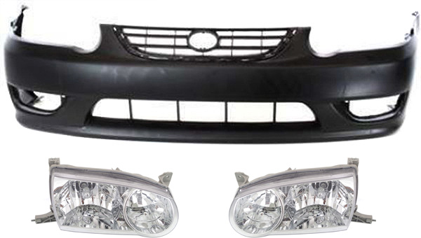 AM COROLLA 01-02 FRONT BUMPER COVER 3 pc Kit with Headlights Sedan SKU KIT 031118-60 Partslink TO1000217 TO2502133 TO2503133 OEM 5211902908-8115002100-81110021