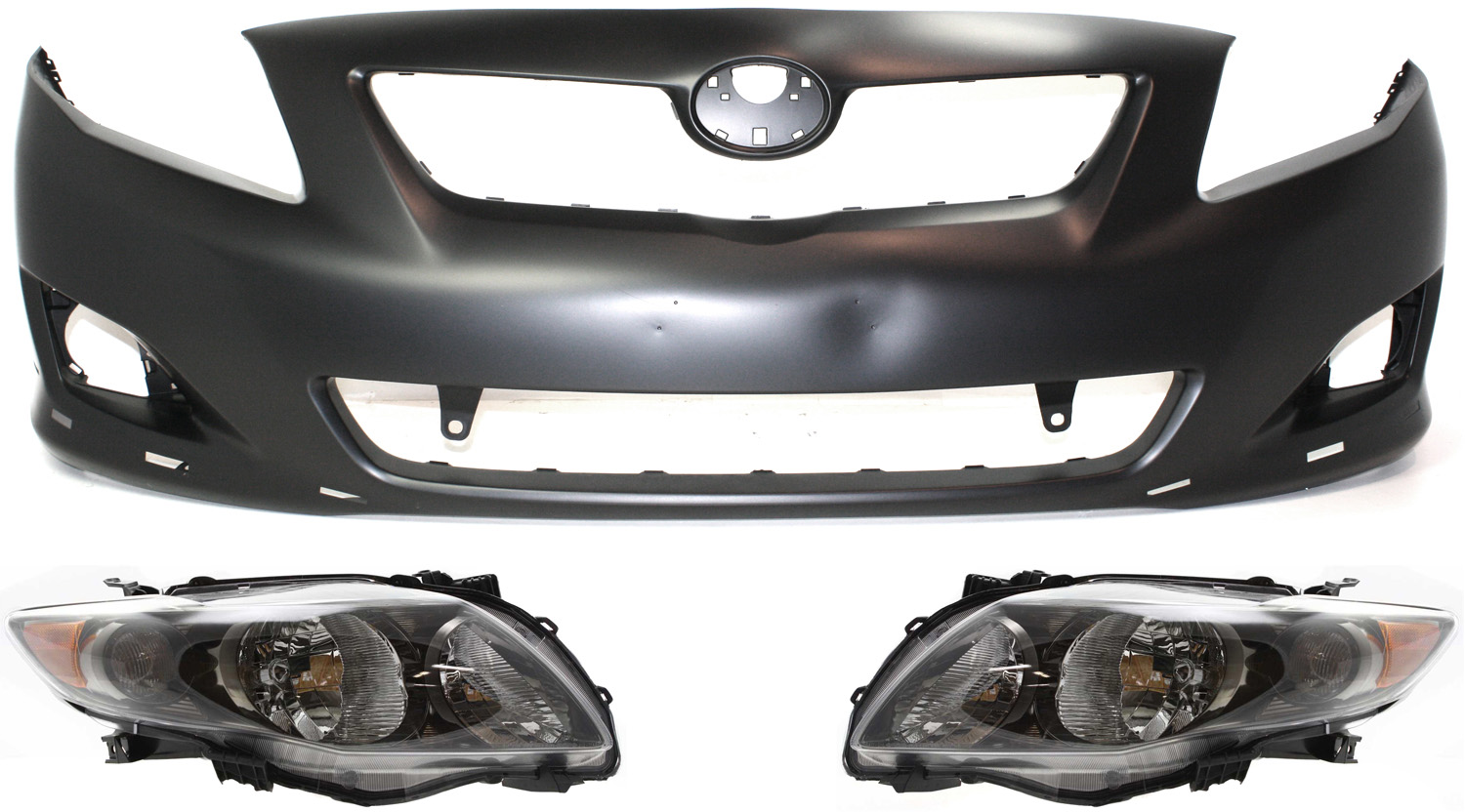 AM COROLLA 09-10 FRONT BUMPER COVER 3 pc Kit with Headlights SKU KIT 031118-61 Partslink TO1000342 TO2502183 TO2503183 OEM 5211902989-8115002680-81110026