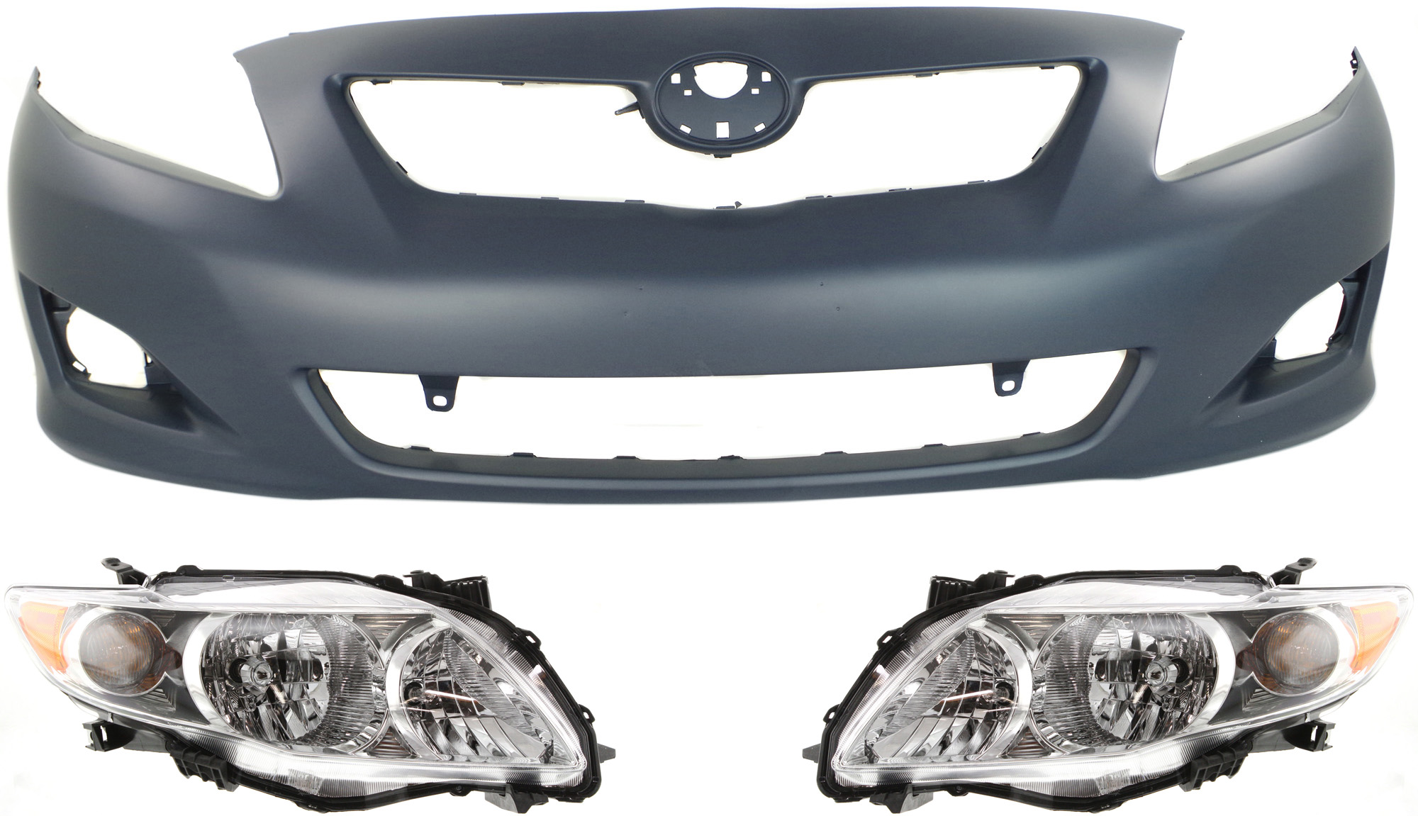 AM COROLLA 09-10 FRONT BUMPER COVER 3 pc Kit with Headlights SKU KIT 031118-62 Partslink TO1000343 TO2502182 TO2503182 OEM 5211902990-8115002670-81110026