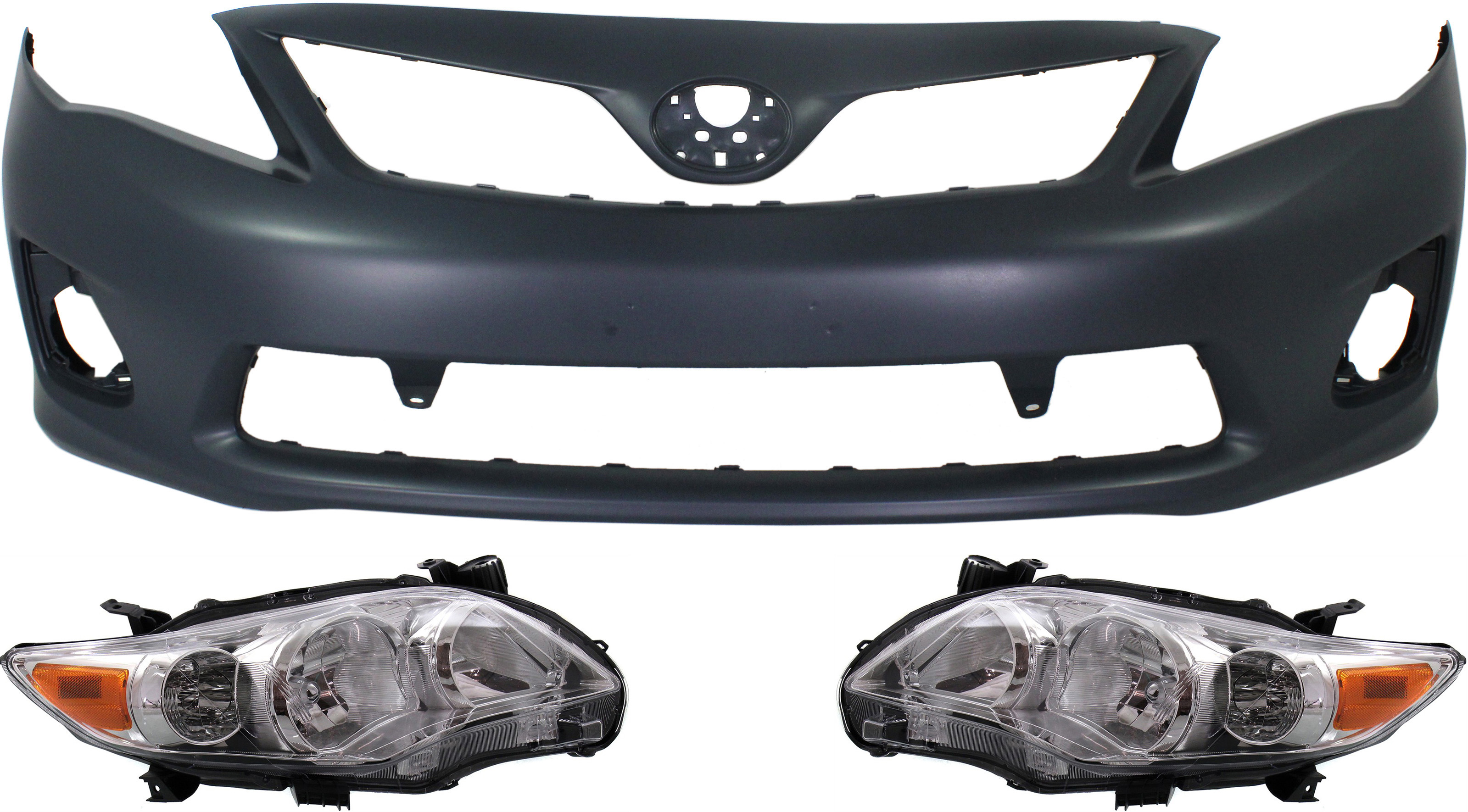 AM COROLLA 11-13 HEAD LAMP RH AND LH Lens and Housing Halogen 3 pc Kit with Bumper Cover SKU KIT 031118-66 Partslink TO2519131 TO2518131 TO1000380 OEM 8113012F10-8117012F10-52119129