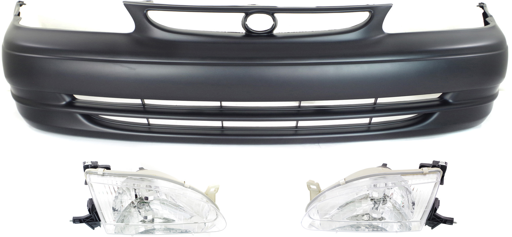 AM COROLLA 98-00 FRONT BUMPER COVER 3 pc Kit with Headlights Sedan SKU KIT 031118-69 Partslink TO1000189 TO2502121 TO2503121 OEM 5211902903-8115002050-81110020