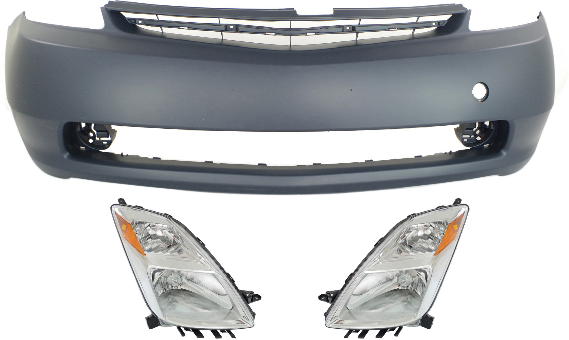 AM PRIUS 04-06 HEAD LAMP RH AND LH Lens and Housing Halogen 3 pc Kit with Bumper Cover SKU KIT 031118-75 Partslink TO2503159 TO2502159 TO1000274 OEM 8113047070-8117047070-52119479