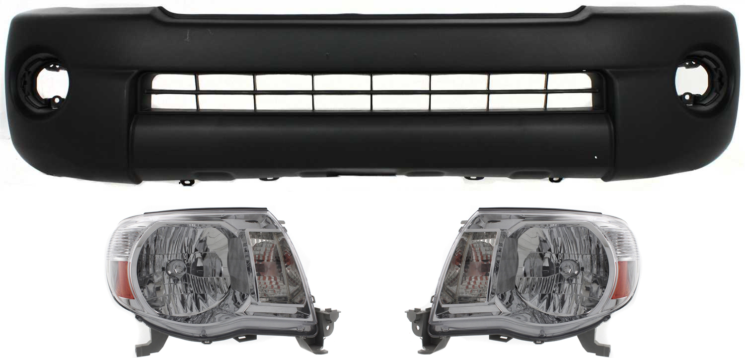 AM TACOMA 05-11 FRONT BUMPER COVER Textured 4WD Base PreRunner Models 3 pc Kit with Headlights Without Sport Package CAPA SKU KIT 031118-78 Partslink TO1000302C TO2502157C TO2503157C OEM 5211904040-8111004163-81150041