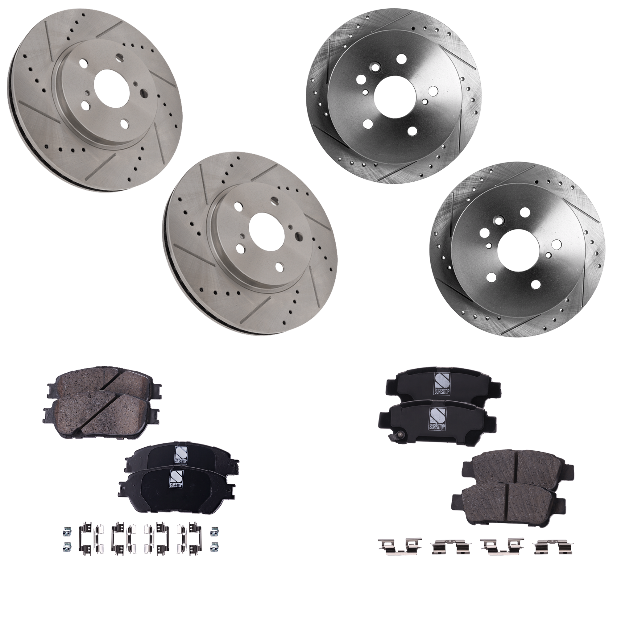 AM SIENNA 04-10 FRONT AND REAR BRAKE DISC AND PAD KIT 8 pc kit Cross drilled and Slotted SKU KIT 031123-01 OEM 19380-31314-31451-44627-145471