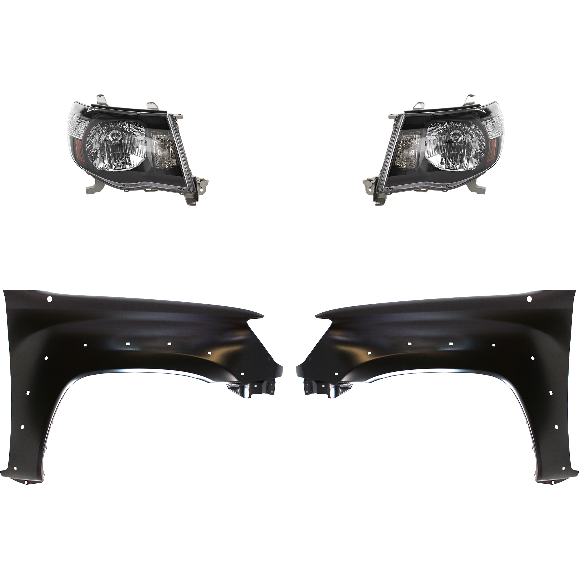 AM TACOMA 05-08 HEAD LAMP RH AND LH Lens and Housing Halogen 4 pc Kit with Fenders SKU KIT 031323-0203 Partslink TO2505117 TO1240208 TO1241208 OEM Performance 5381204100-5381104