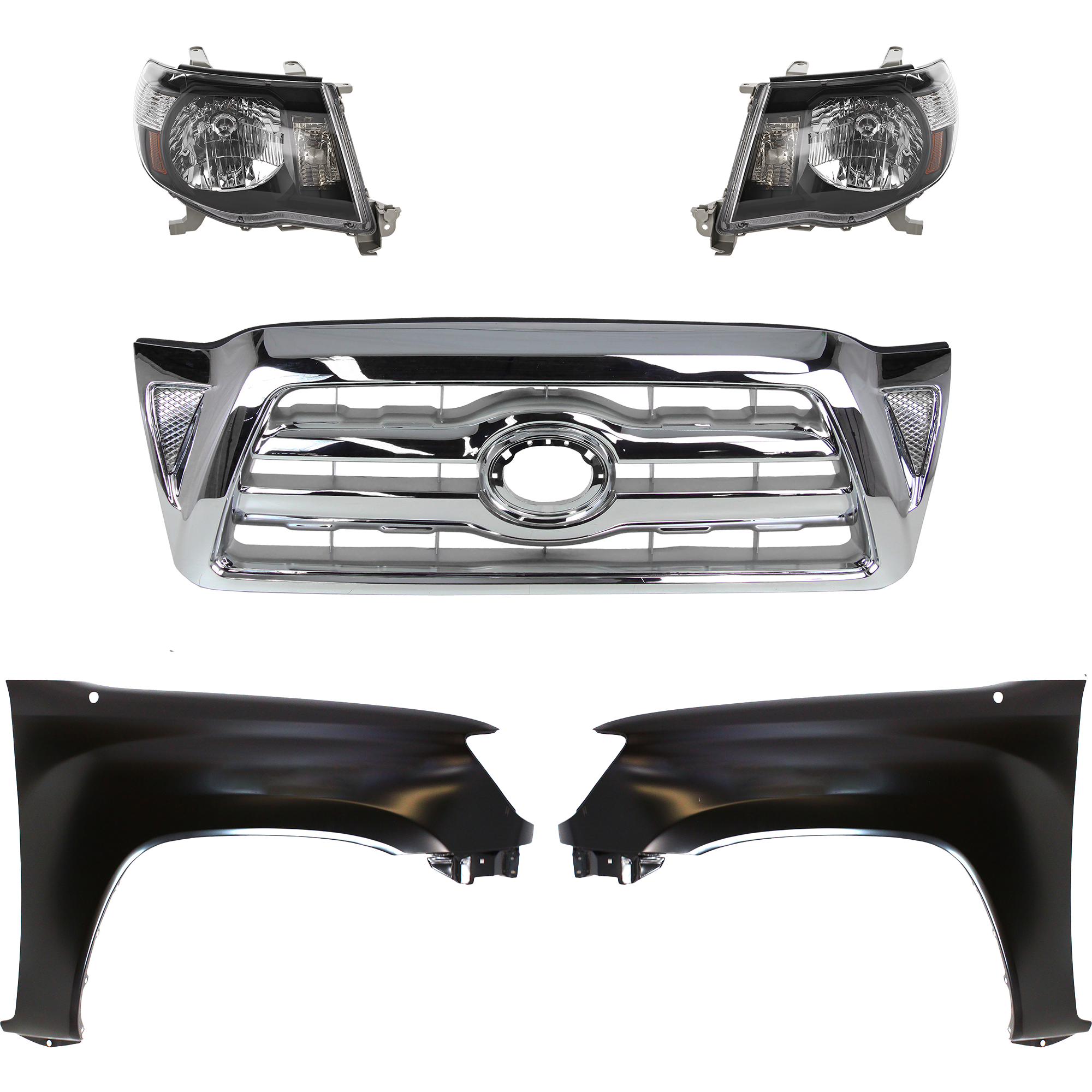 AM TACOMA 05-08 HEAD LAMP RH AND LH Lens and Housing Halogen 5 pc Kit with Fenders and Grille Assembly SKU KIT 031323-03 Partslink TO2505117 TO1240206 TO1241206 Performance OEM Performance 5381204090-5381104