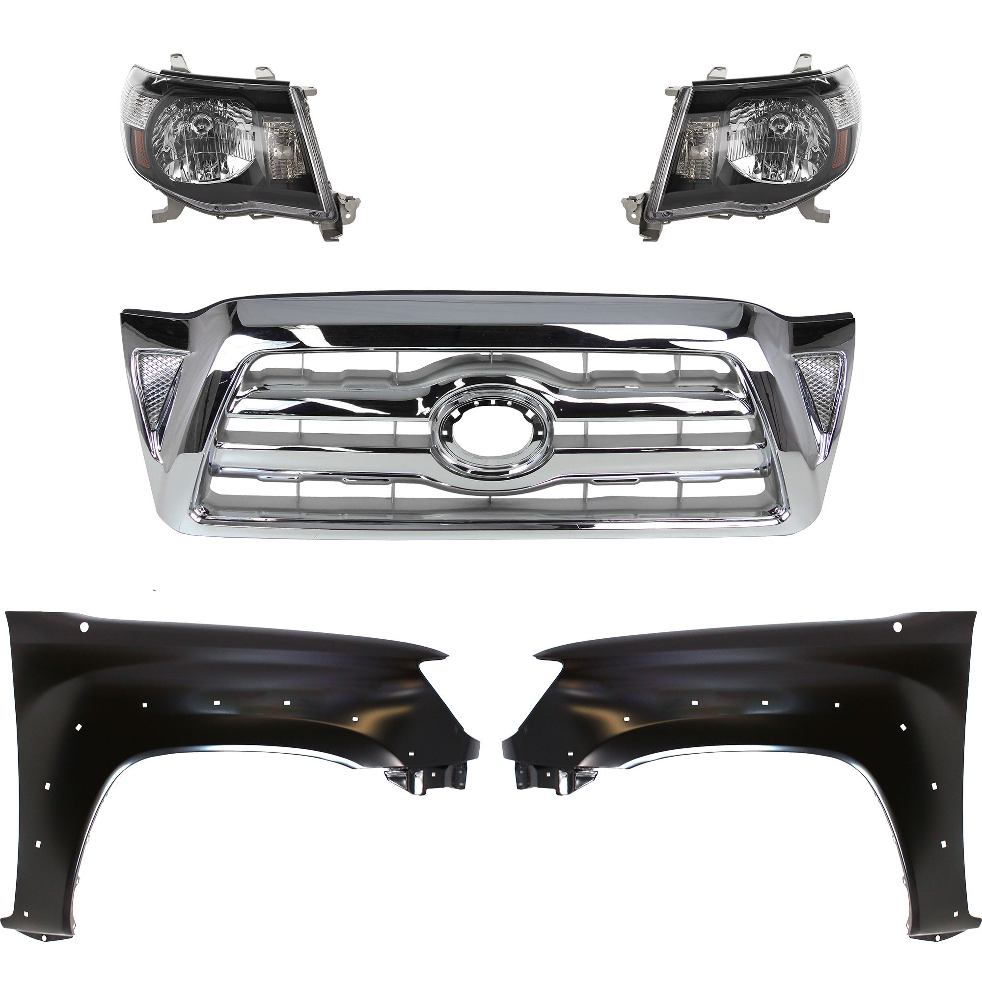 AM TACOMA 05-08 HEAD LAMP RH AND LH Lens and Housing Halogen 5 pc Kit with Fenders and Grille Assembly SKU KIT 031323-04 Partslink TO2505117 TO1241208 TO1240208 Performance OEM Performance 5381104100-5381204