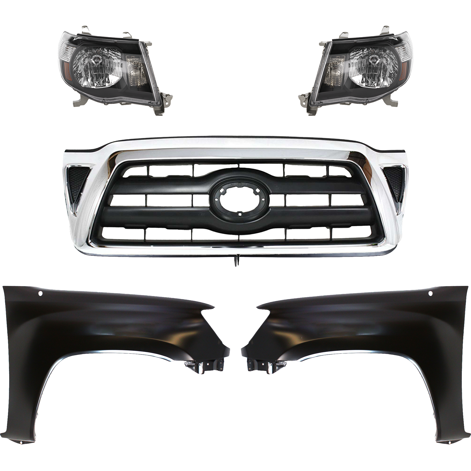 AM TACOMA 05-08 HEAD LAMP RH AND LH Lens and Housing Halogen 5 pc Kit with Fenders and Grille Assembly SKU KIT 031323-05 Partslink TO2505117 TO1240206 TO1241206 TO1200268 OEM Performance 5381204090-5381104