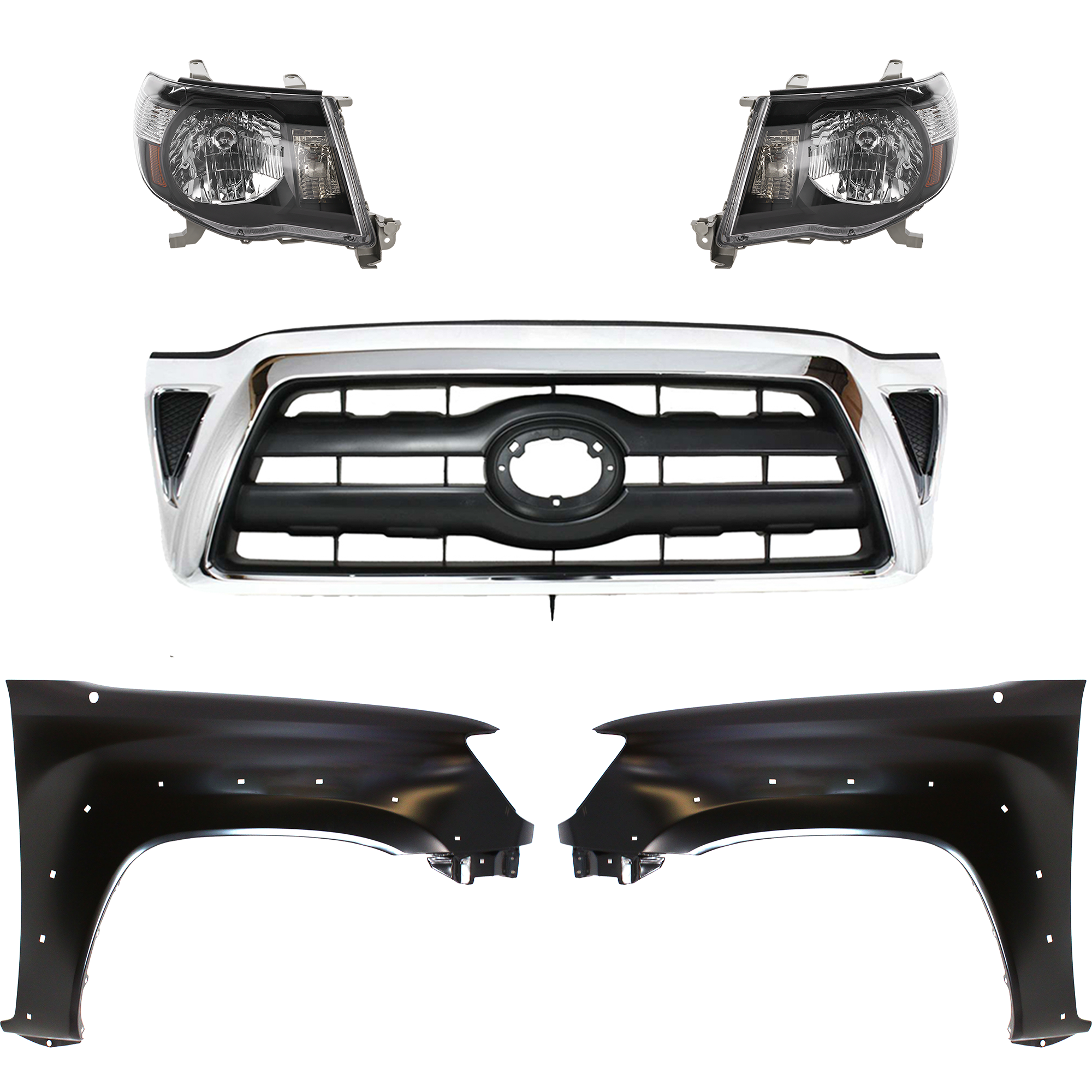 AM TACOMA 05-08 HEAD LAMP RH AND LH Lens and Housing Halogen 5 pc Kit with Fenders and Grille Assembly SKU KIT 031323-06 Partslink TO2505117 TO1241208 TO1240208 TO1200268 OEM Performance 5381104100-5381204