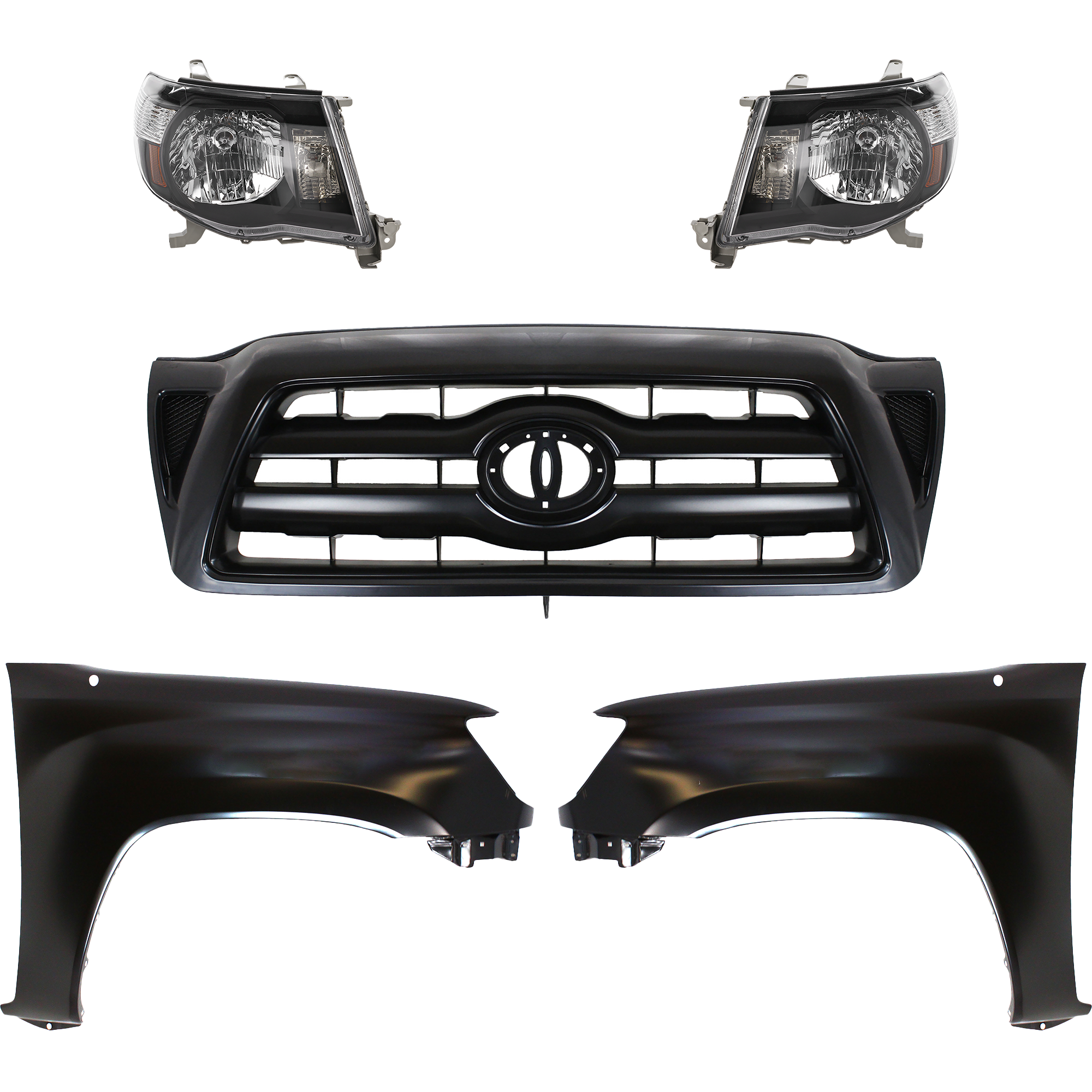 AM TACOMA 05-10 HEAD LAMP RH AND LH Lens and Housing Halogen 5 pc Kit with Fenders and Grille Assembly SKU KIT 031323-07 Partslink TO2505117 TO1240206 TO1241206 TO1200279 OEM Performance 5381204090-5381104
