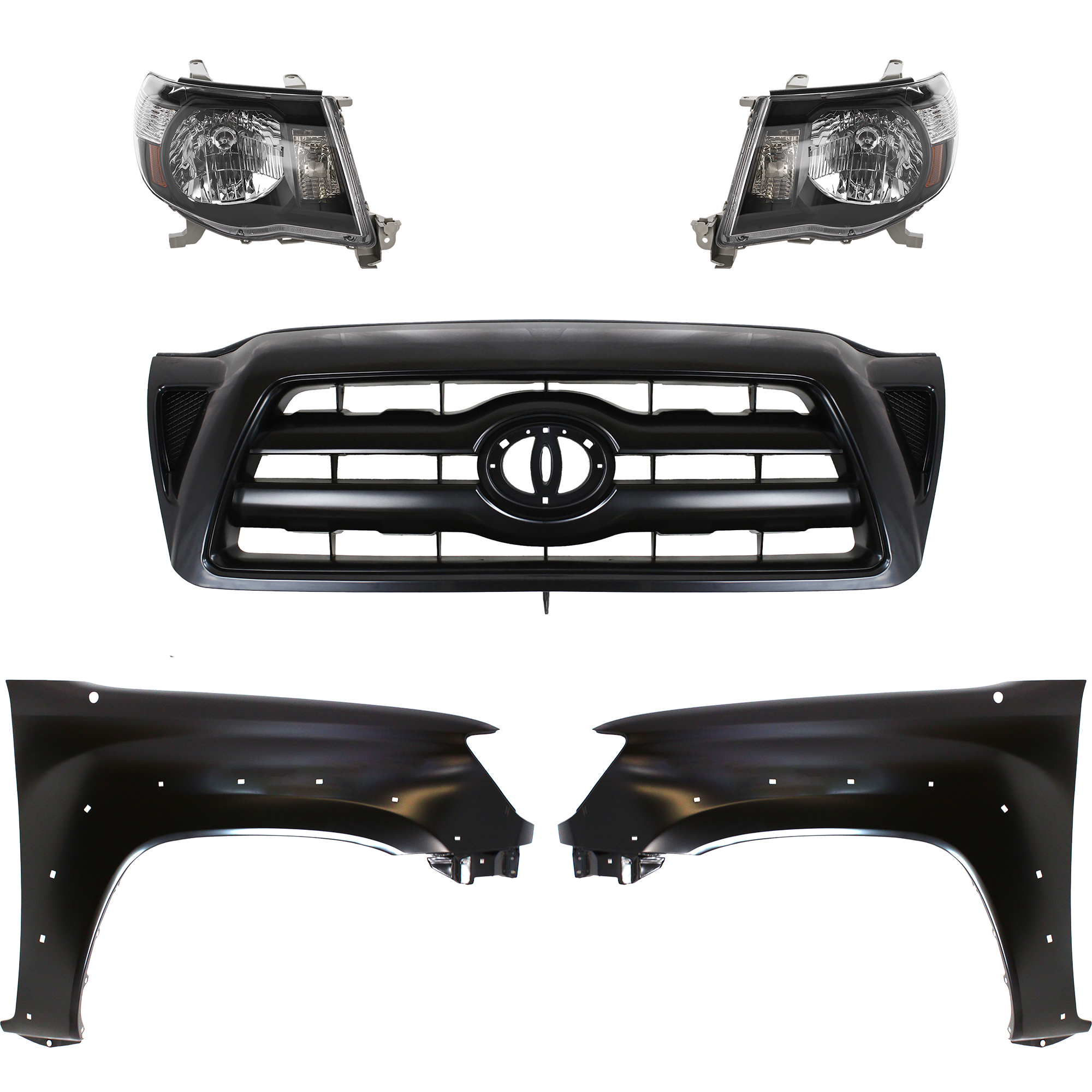 AM TACOMA 05-10 HEAD LAMP RH AND LH Lens and Housing Halogen 5 pc Kit with Fenders and Grille Assembly SKU KIT 031323-08 Partslink TO2505117 TO1241208 TO1240208 TO1200279 OEM Performance 5381104100-5381204