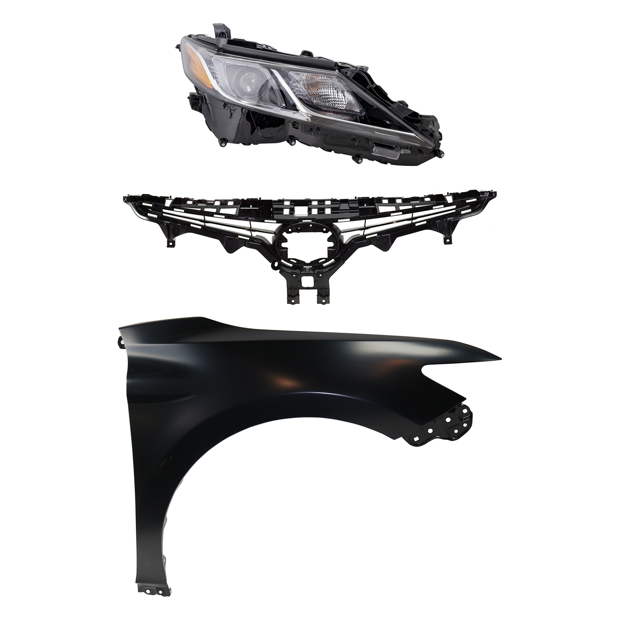 AM CAMRY 18-19 HEAD LAMP RH Assembly LED 3 pc Kit with Fender and Grille Assembly SKU KIT 031323-10001 Partslink TO2503255 TO1241266 TO1200422 OEM 8111006C40-5380106170-5310106E