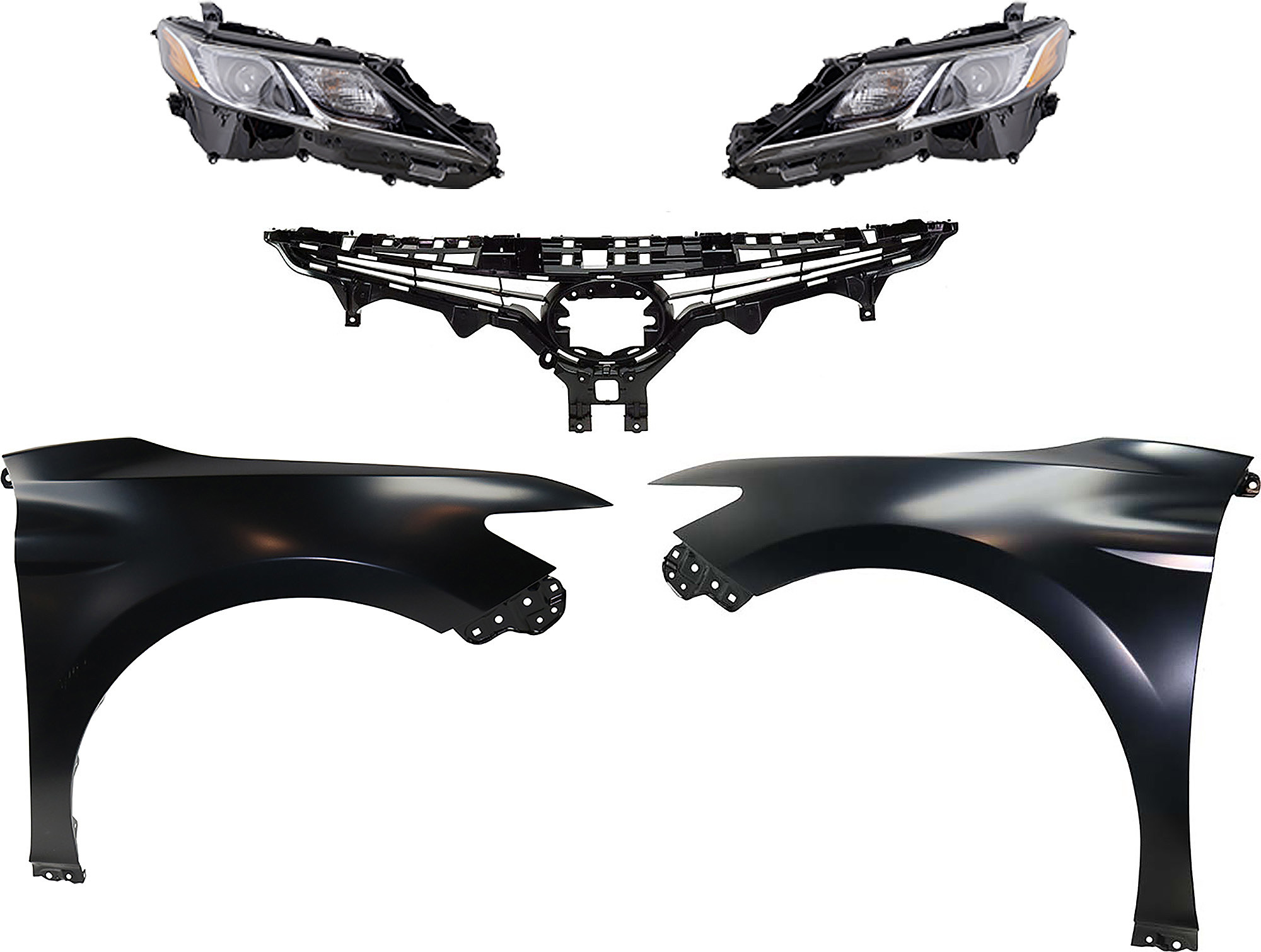 AM CAMRY 18-19 HEAD LAMP RH AND LH Assembly LED 5 pc Kit with Fenders and Grille Assembly SKU KIT 031323-100 Partslink TO2503255 TO2502255 TO1240266 TO1241266 TO1200422 OEM 8111006C40-8115006C40-53802061