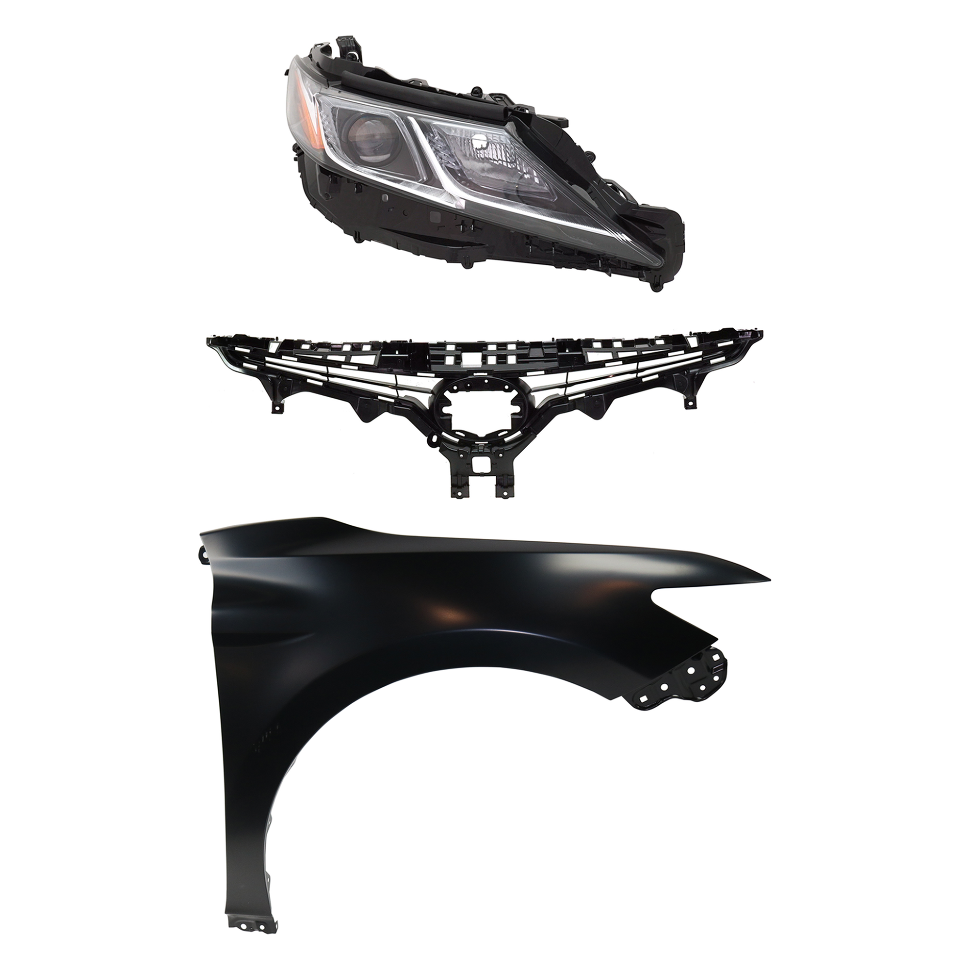 AM CAMRY 18-18 HEAD LAMP RH Assembly LED 3 pc Kit with Fender and Grille Assembly SKU KIT 031323-10101 Partslink TO2519194 TO1241266 TO1200422 OEM 8113033D40-5380106170-5310106E