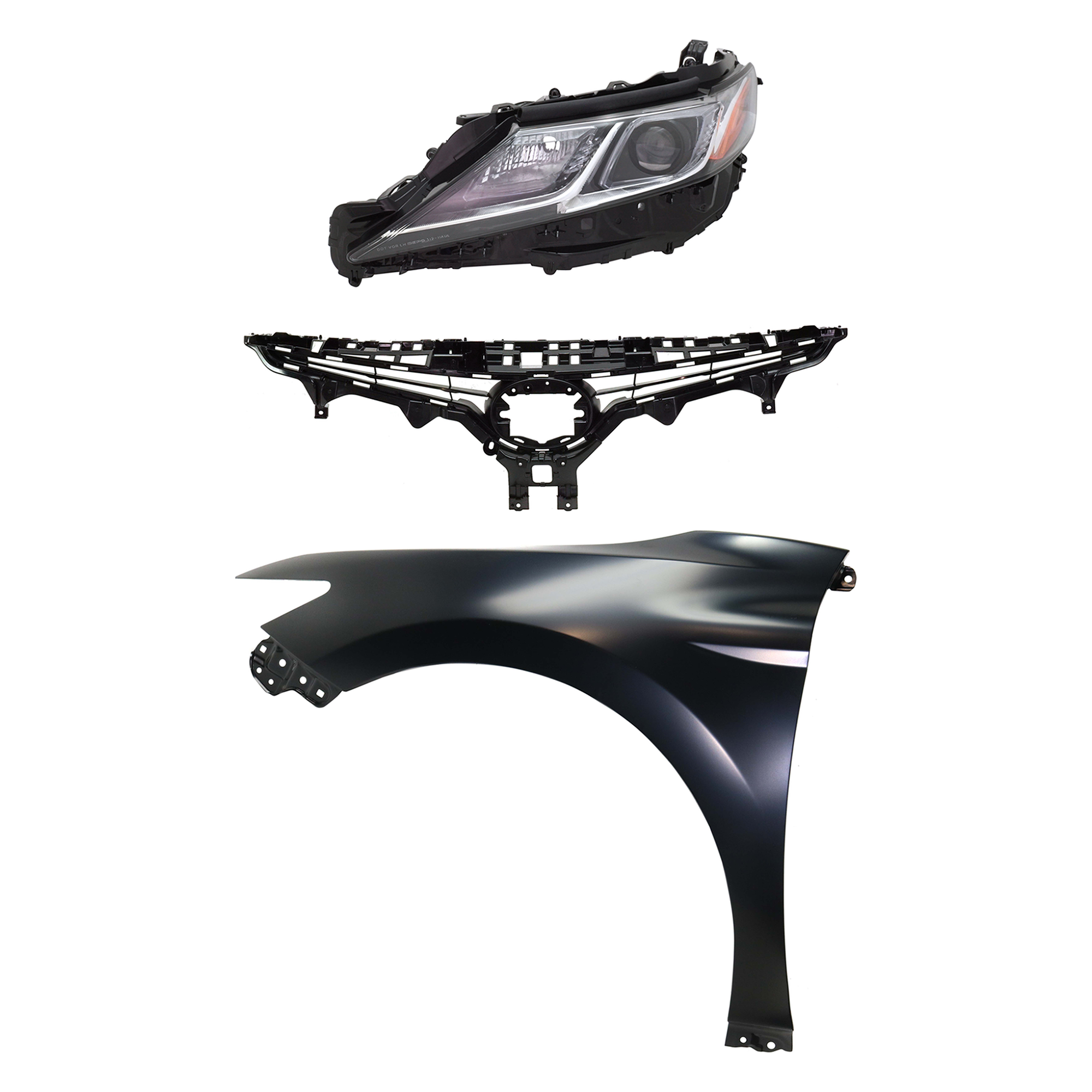 AM CAMRY 18-18 HEAD LAMP LH Assembly LED 3 pc Kit with Fender and Grille Assembly SKU KIT 031323-10102 Partslink TO2518194 TO1240266 TO1200422 OEM 8117033D00-5380206180-5310106E