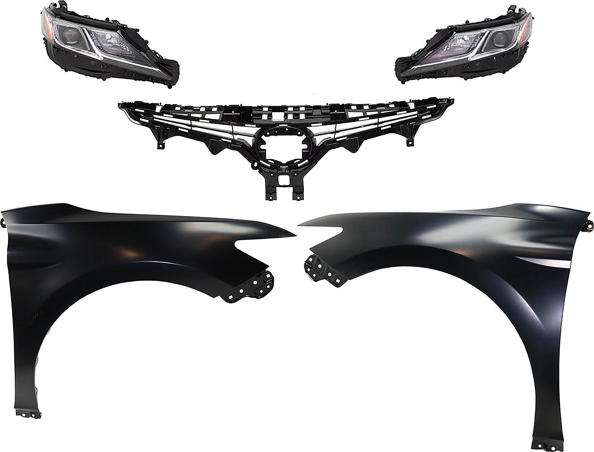 AM CAMRY 18-18 HEAD LAMP RH AND LH Assembly LED 5 pc Kit with Fenders and Grille Assembly SKU KIT 031323-101 Partslink TO2518194 TO2519194 TO1240266 TO1241266 TO1200422 OEM 8117033D00-8113033D40-53802061