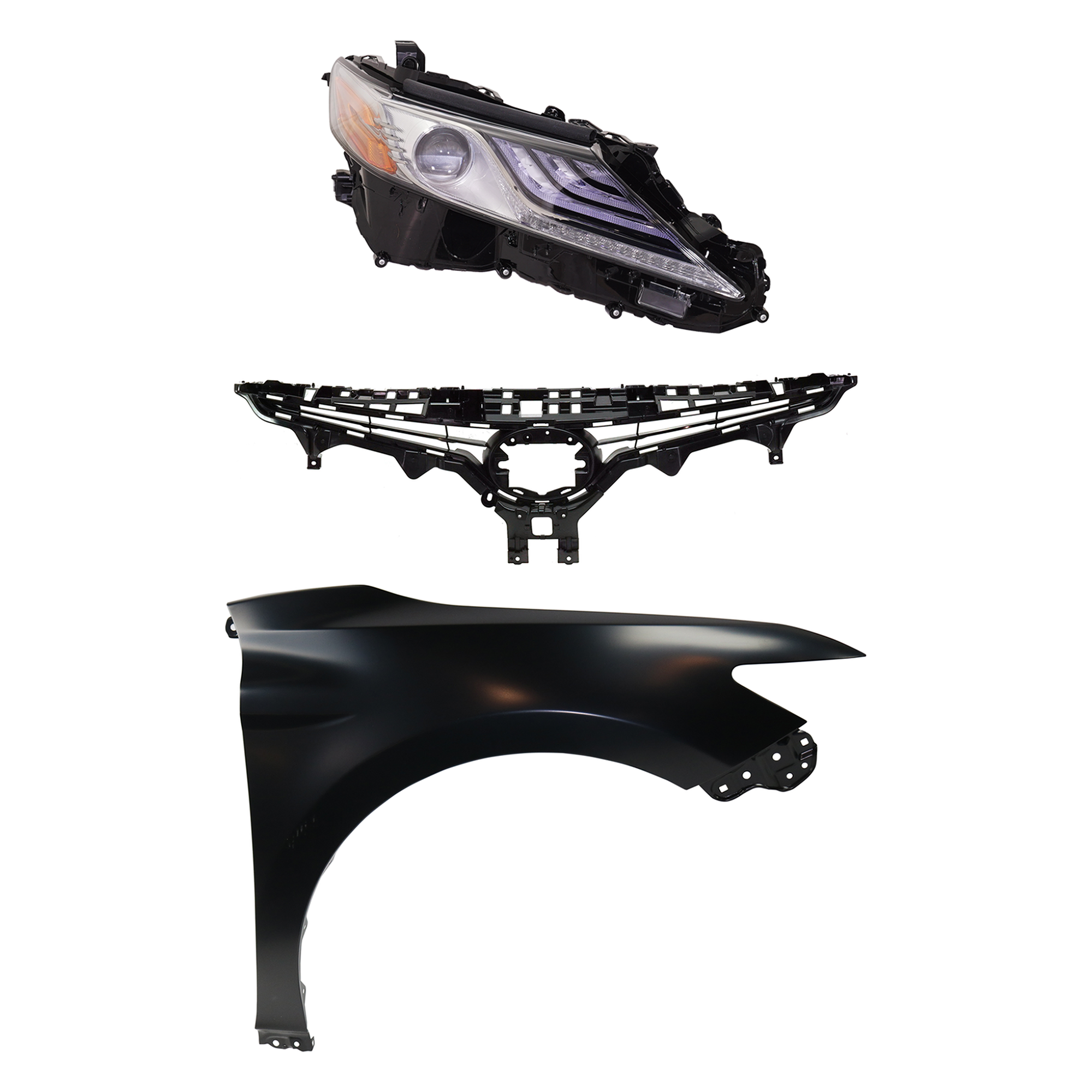 AM CAMRY 18-18 HEAD LAMP RH Assembly LED 3 pc Kit with Fender and Grille Assembly SKU KIT 031323-10201 Partslink TO2503257 TO1241266 TO1200422 OEM 8111006D80-5380106170-5310106E
