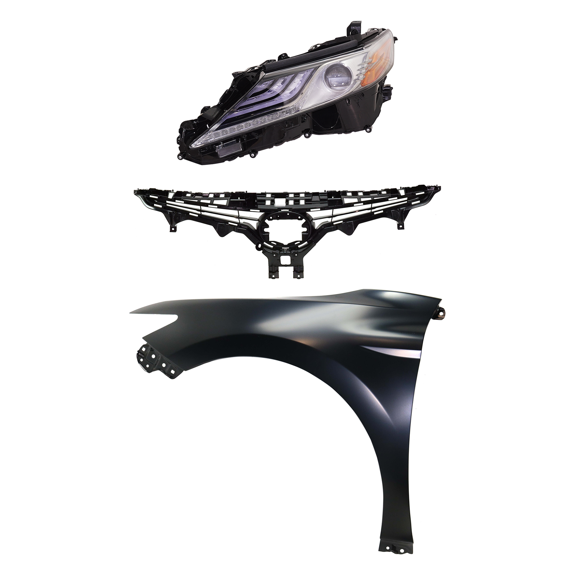 AM CAMRY 18-18 HEAD LAMP LH Assembly LED 3 pc Kit with Fender and Grille Assembly SKU KIT 031323-10202 Partslink TO2502257 TO1240266 TO1200422 OEM 8115006D80-5380206180-5310106E