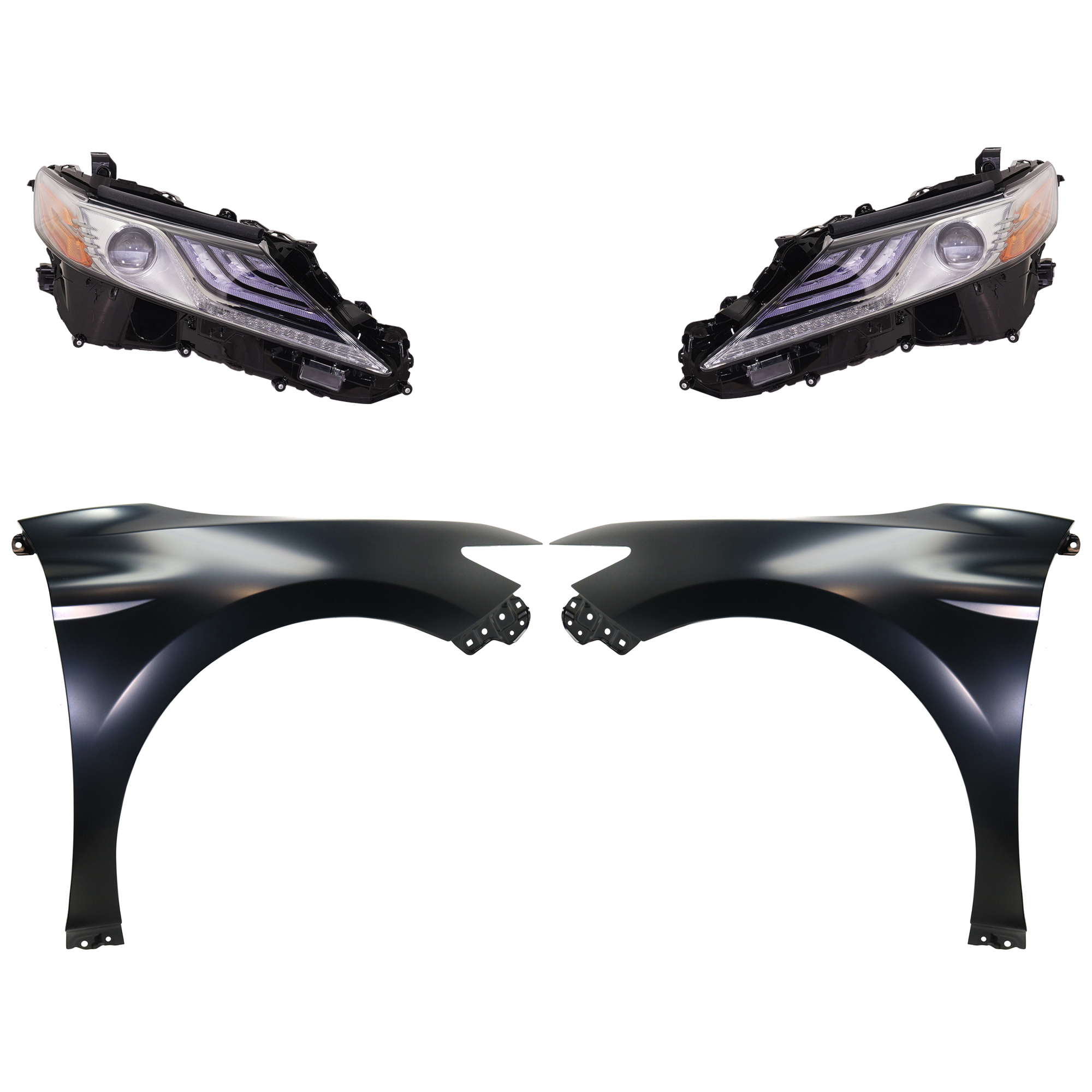 AM CAMRY 18-18 HEAD LAMP RH AND LH Assembly LED 4 pc Kit with Fenders SKU KIT 031323-10203 Partslink TO2503257 TO2502257 TO1240266 TO1241266 OEM 8111006D80-8115006D80-53802061