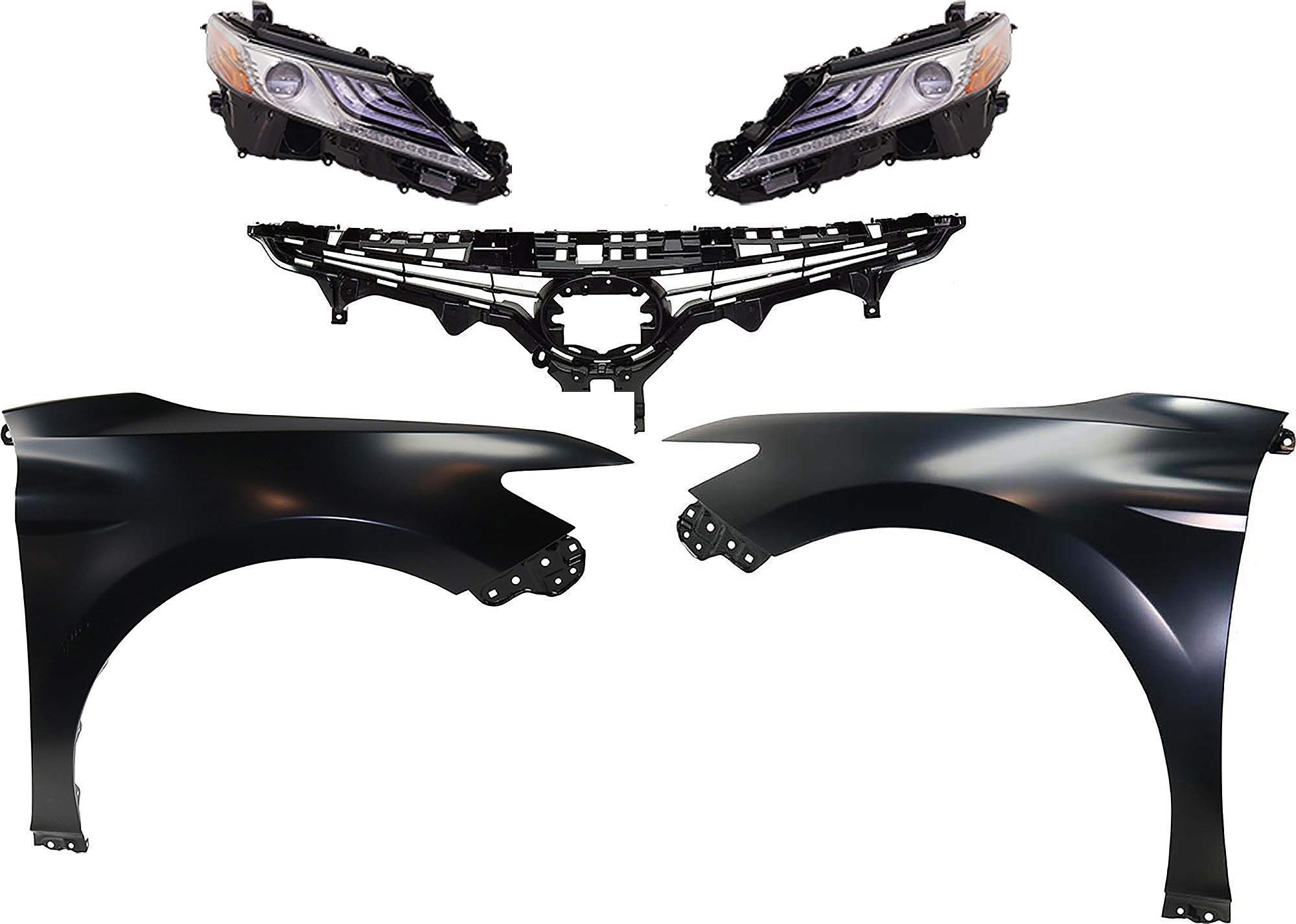 AM CAMRY 18-18 HEAD LAMP RH AND LH Assembly LED 5 pc Kit with Fenders and Grille Assembly SKU KIT 031323-102 Partslink TO2503257 TO2502257 TO1240266 TO1241266 TO1200422 OEM 8111006D80-8115006D80-53802061