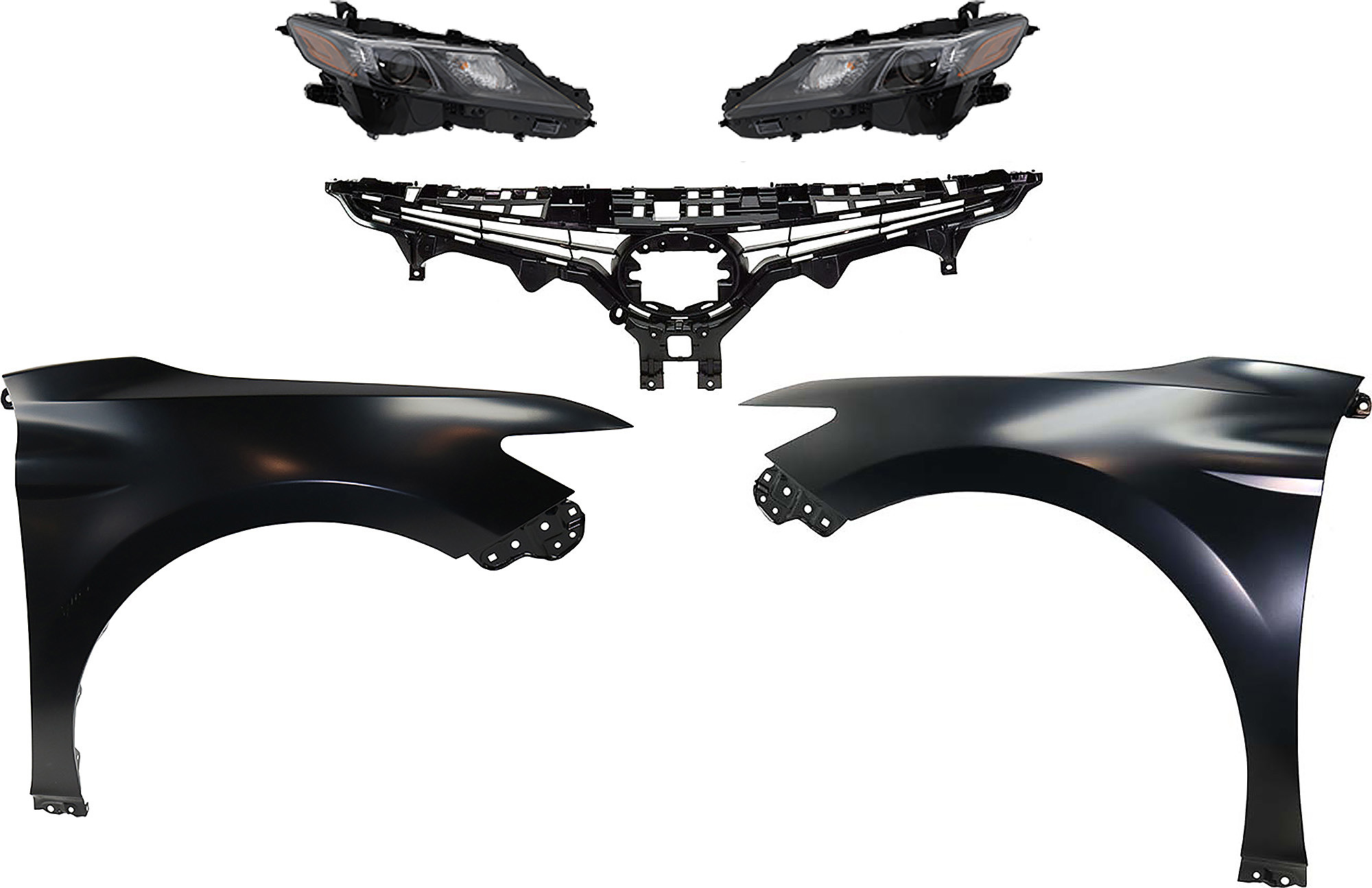 AM CAMRY 18-20 HEAD LAMP RH AND LH Assembly Halogen 5 pc Kit with Fenders and Grille Assembly SKU KIT 031323-103 Partslink TO2503299 TO2502299 TO1240266 TO1241266 TO1200422 OEM 8111006F60-8115006C20-53802061