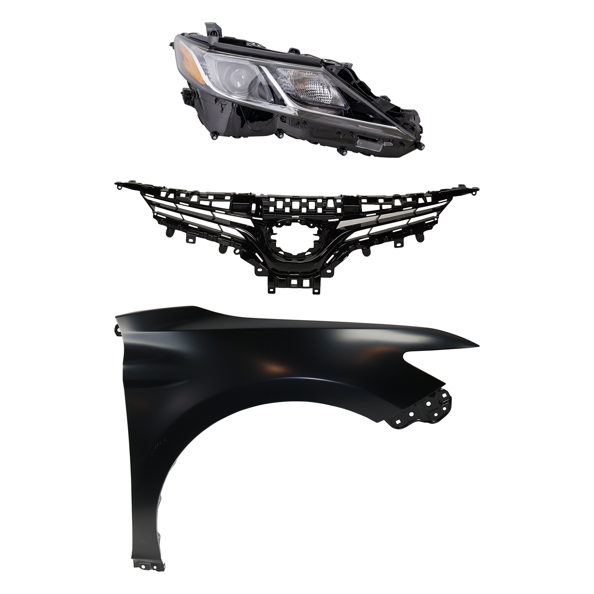 AM CAMRY 18-19 HEAD LAMP RH Assembly LED 3 pc Kit with Fender and Grille Assembly SKU KIT 031323-10501 Partslink TO2503255 TO1241266 TO1200419 OEM 8111006C40-5380106170-5310106E
