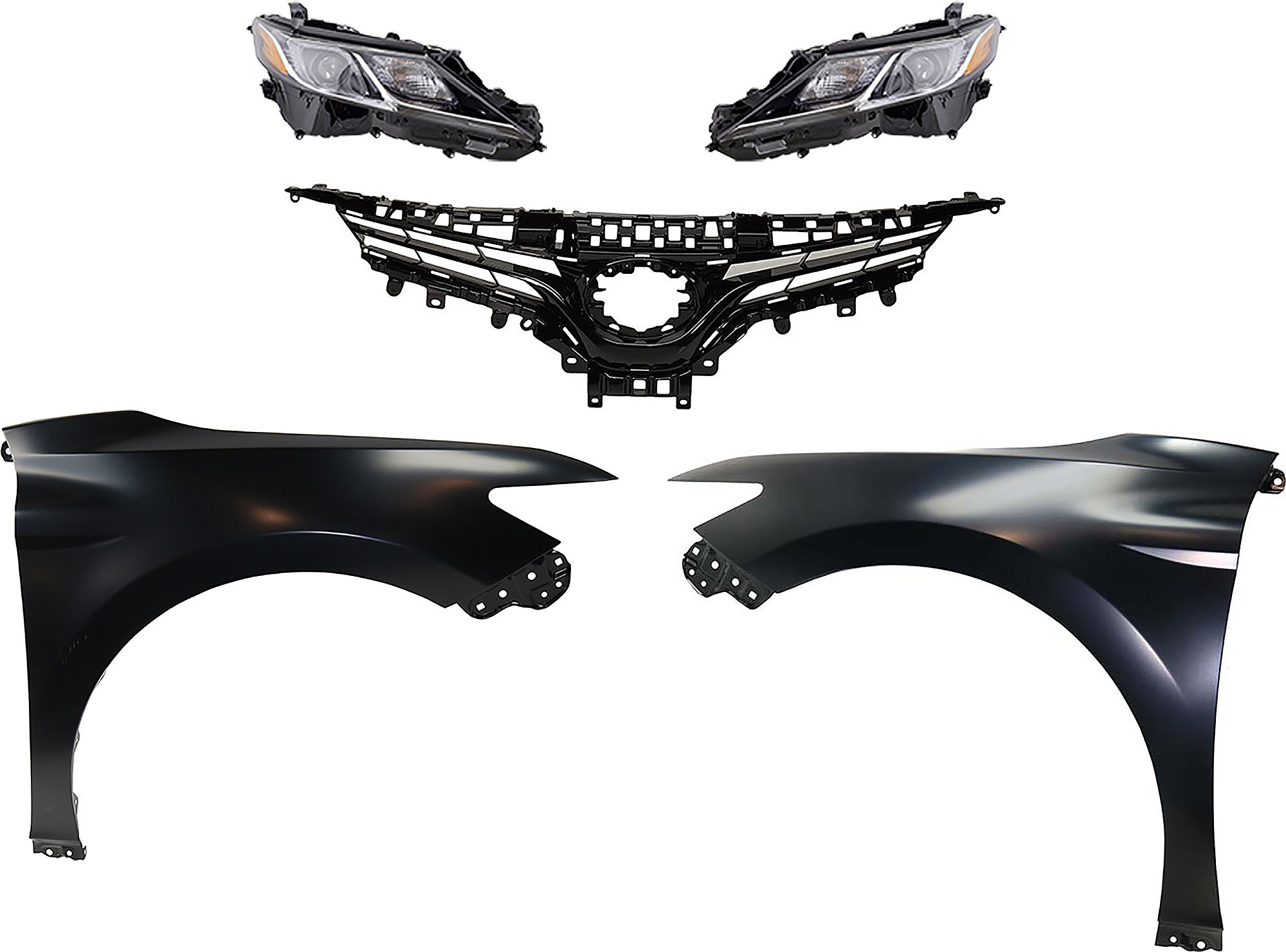 AM CAMRY 18-19 HEAD LAMP RH AND LH Assembly LED 5 pc Kit with Fenders and Grille Assembly SKU KIT 031323-105 Partslink TO2502255 TO2503255 TO1240266 TO1241266 TO1200419 OEM 8111006C40-8115006C40-53802061