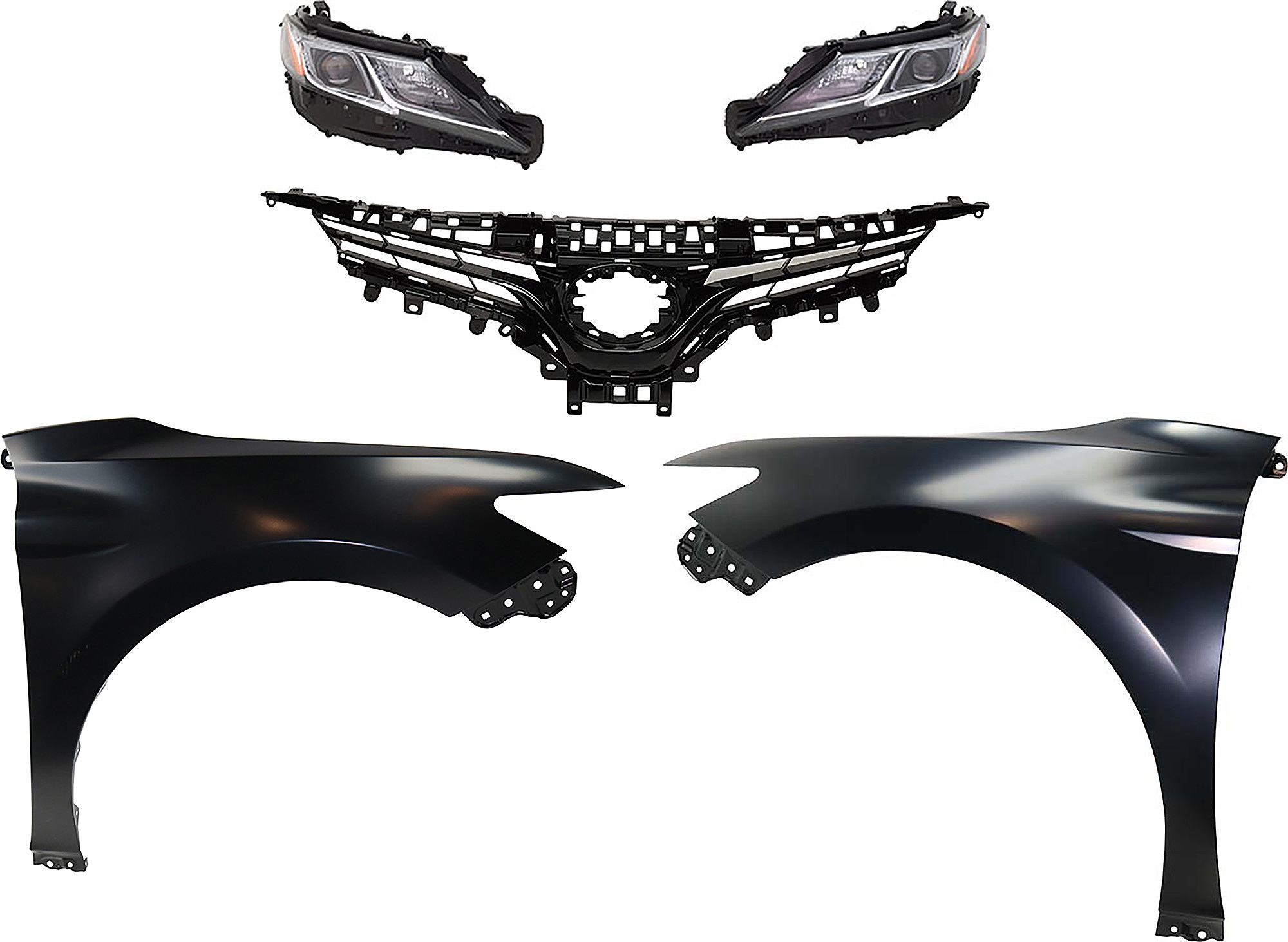 AM CAMRY 18-18 HEAD LAMP RH AND LH Assembly LED 5 pc Kit with Fenders and Grille Assembly SKU KIT 031323-106 Partslink TO2518194 TO2519194 TO1240266 TO1241266 TO1200419 OEM 8113033D40-8117033D00-53802061