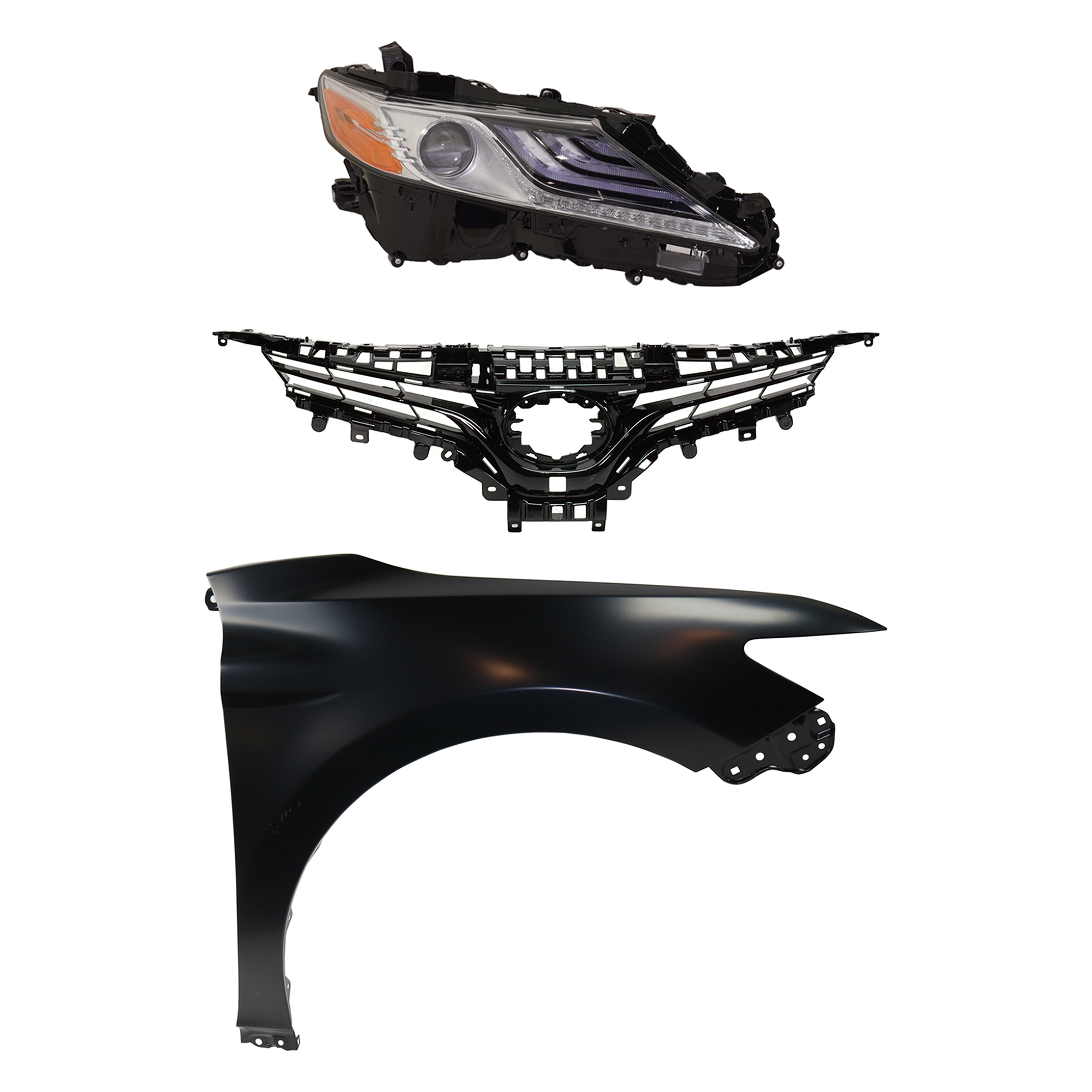 AM CAMRY 19-19 HEAD LAMP RH Assembly LED 3 pc Kit with Fender and Grille Assembly SKU KIT 031323-11201 Partslink TO2503278 TO1241266 TO1200421 OEM 8111006D71-5380106170-5310106A