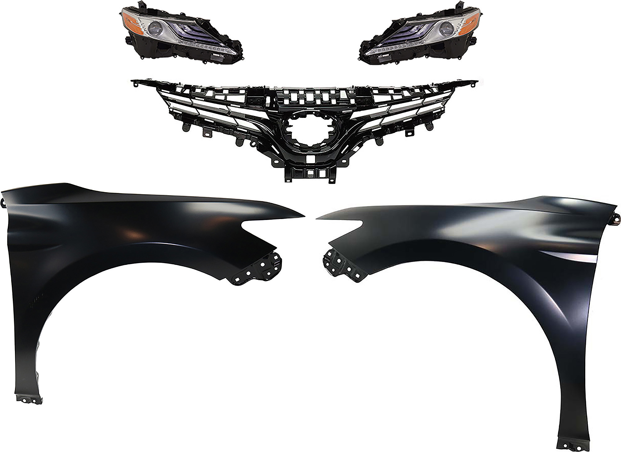 AM CAMRY 19-19 HEAD LAMP RH AND LH Assembly LED 5 pc Kit with Fenders and Grille Assembly SKU KIT 031323-112 Partslink TO2503278 TO2502278 TO1240266 TO1241266 TO1200421 OEM 8111006D71-8115006D71-53802061