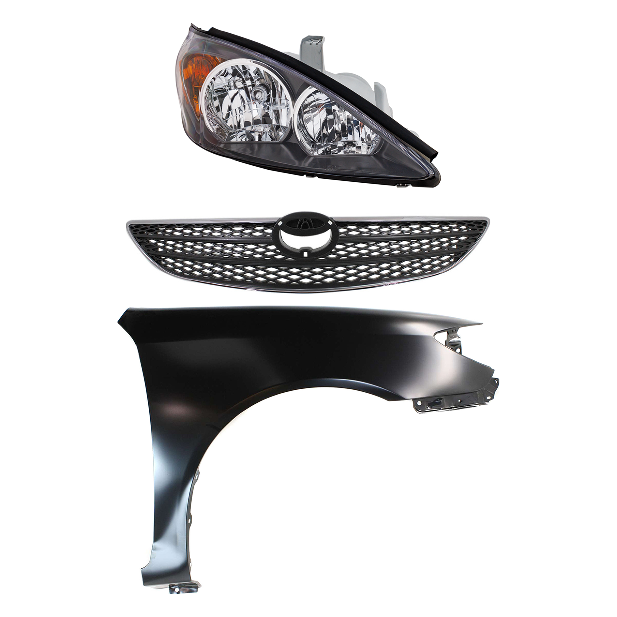 AM CAMRY 02-04 HEAD LAMP RH Assembly Halogen 3 pc Kit with Fender and Grille Assembly SKU KIT 031323-11301 Partslink TO2503138 TO1241184 TO1200237 OEM 81110AA070-53801AA020-53101AA0