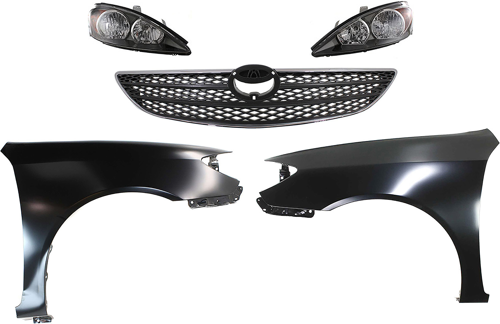 AM CAMRY 02-04 HEAD LAMP RH AND LH Assembly Halogen 5 pc Kit with Fenders and Grille Assembly SKU KIT 031323-113 Partslink TO2502138 TO2503138 TO1241184 TO1240184 TO1200237 OEM 81150AA070-81110AA070-53801AA0