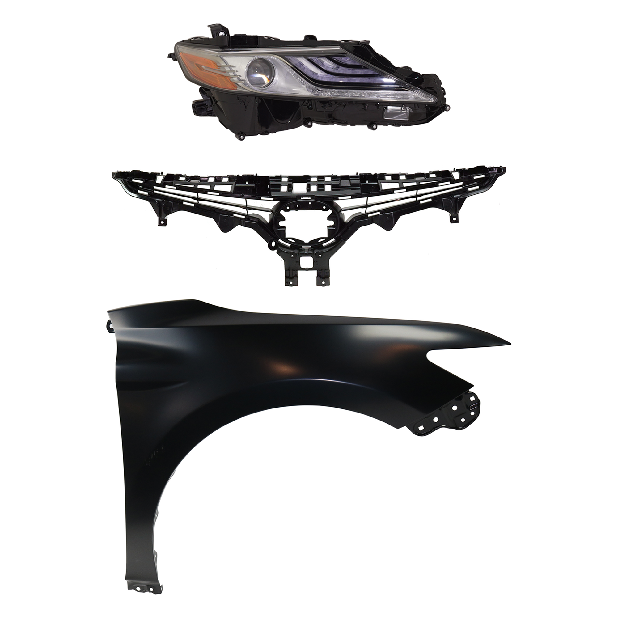 AM CAMRY 19-19 HEAD LAMP RH Assembly LED 3 pc Kit with Fender and Grille Assembly SKU KIT 031323-11401 Partslink TO2503288 TO1241266 TO1200422 OEM 8111006D81-5380106170-5310106E