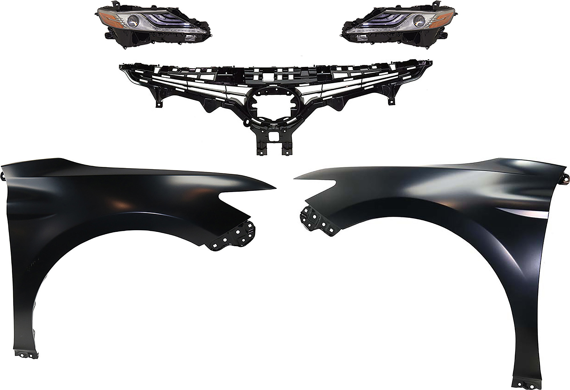 AM CAMRY 19-19 HEAD LAMP RH AND LH Assembly LED 5 pc Kit with Fenders and Grille Assembly SKU KIT 031323-114 Partslink TO2503288 TO2502288 TO1240266 TO1241266 TO1200422 OEM 8111006D81-8115006D81-53802061
