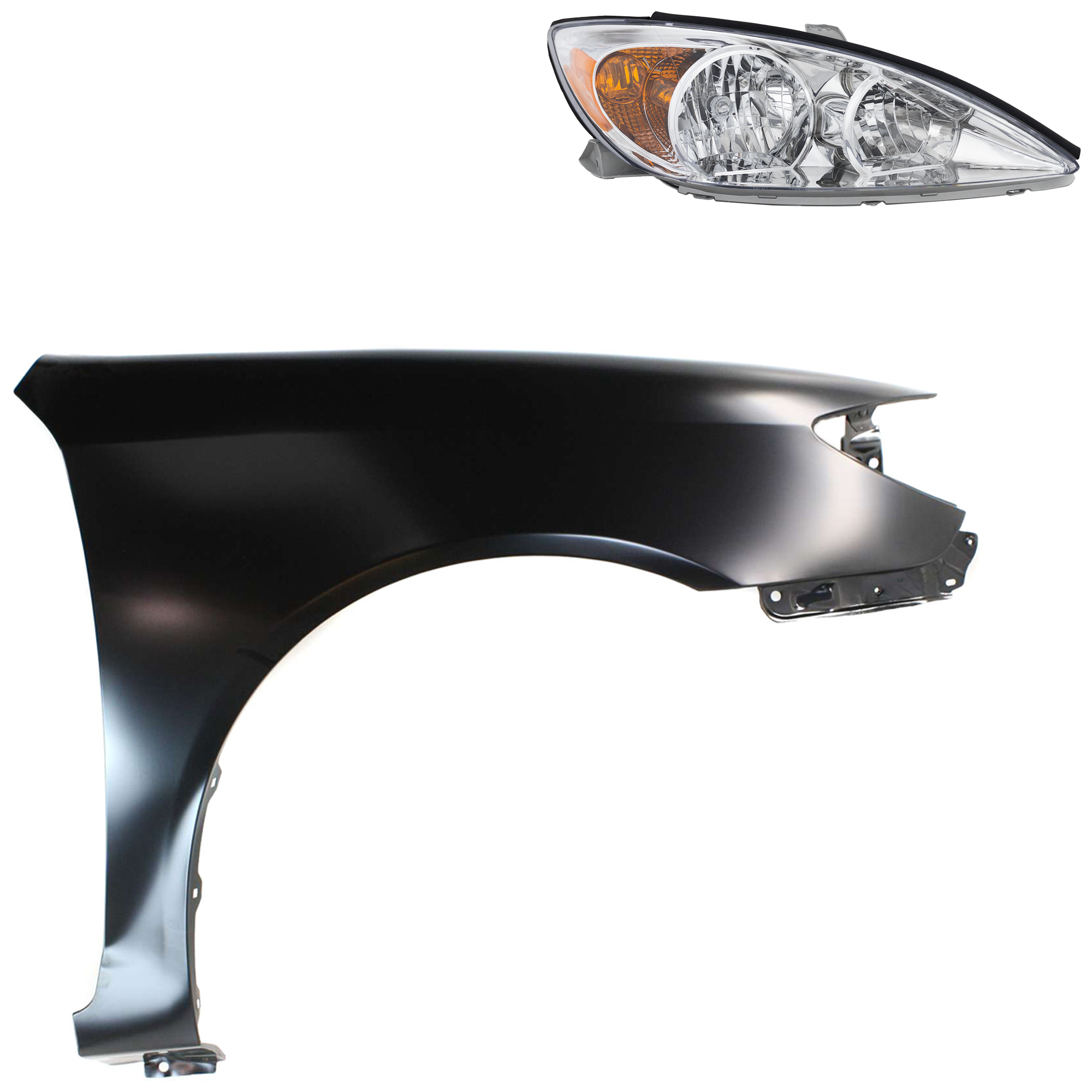 AM CAMRY 02-04 HEAD LAMP RH Assembly Halogen 2 pc Kit with Fender SKU KIT 031323-11704 Partslink TO2503137 TO1241184 OEM 81110AA060-53801AA020