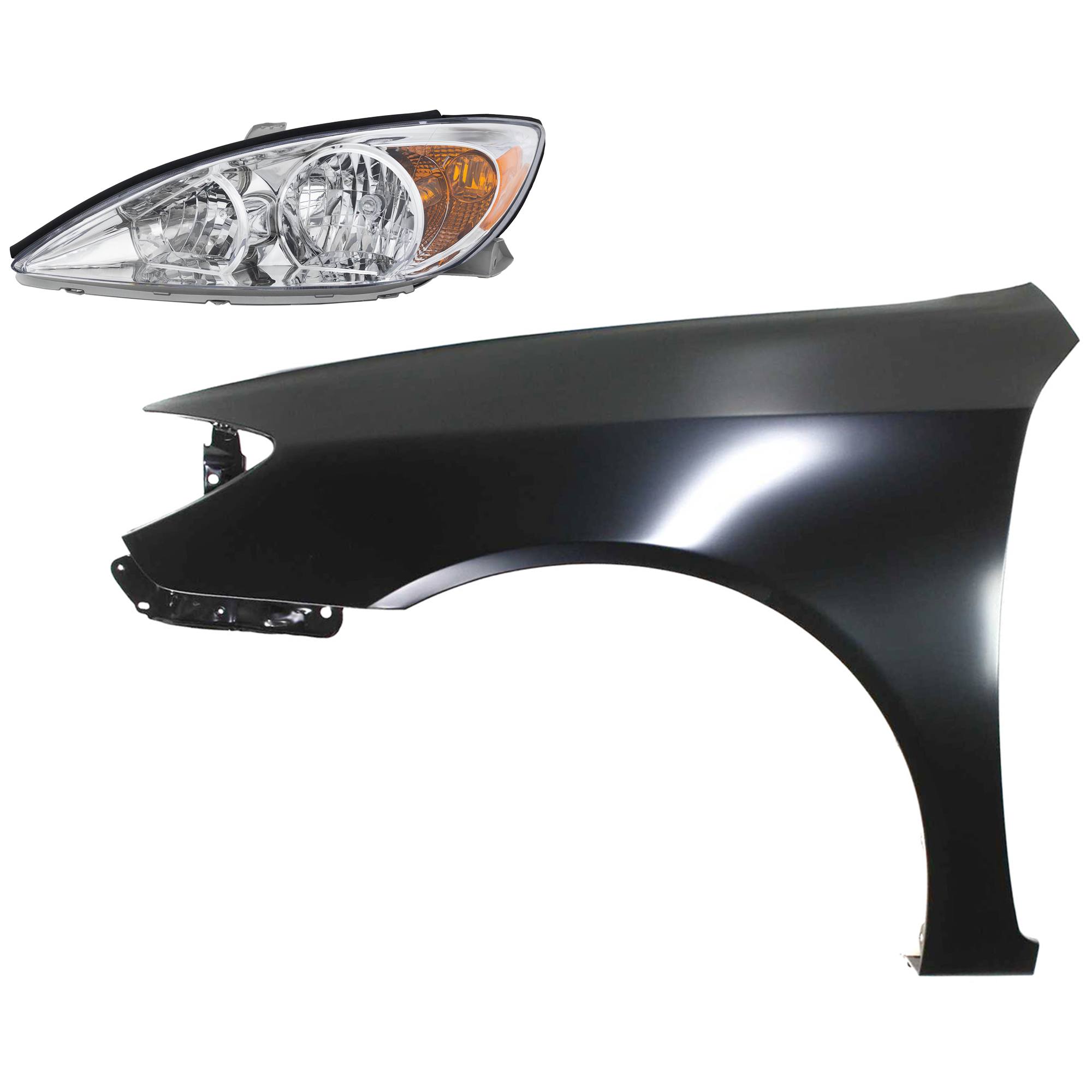AM CAMRY 02-04 HEAD LAMP LH Assembly Halogen 2 pc Kit with Fender SKU KIT 031323-11705 Partslink TO2502137 TO1240184 OEM 81150AA060-53802AA020