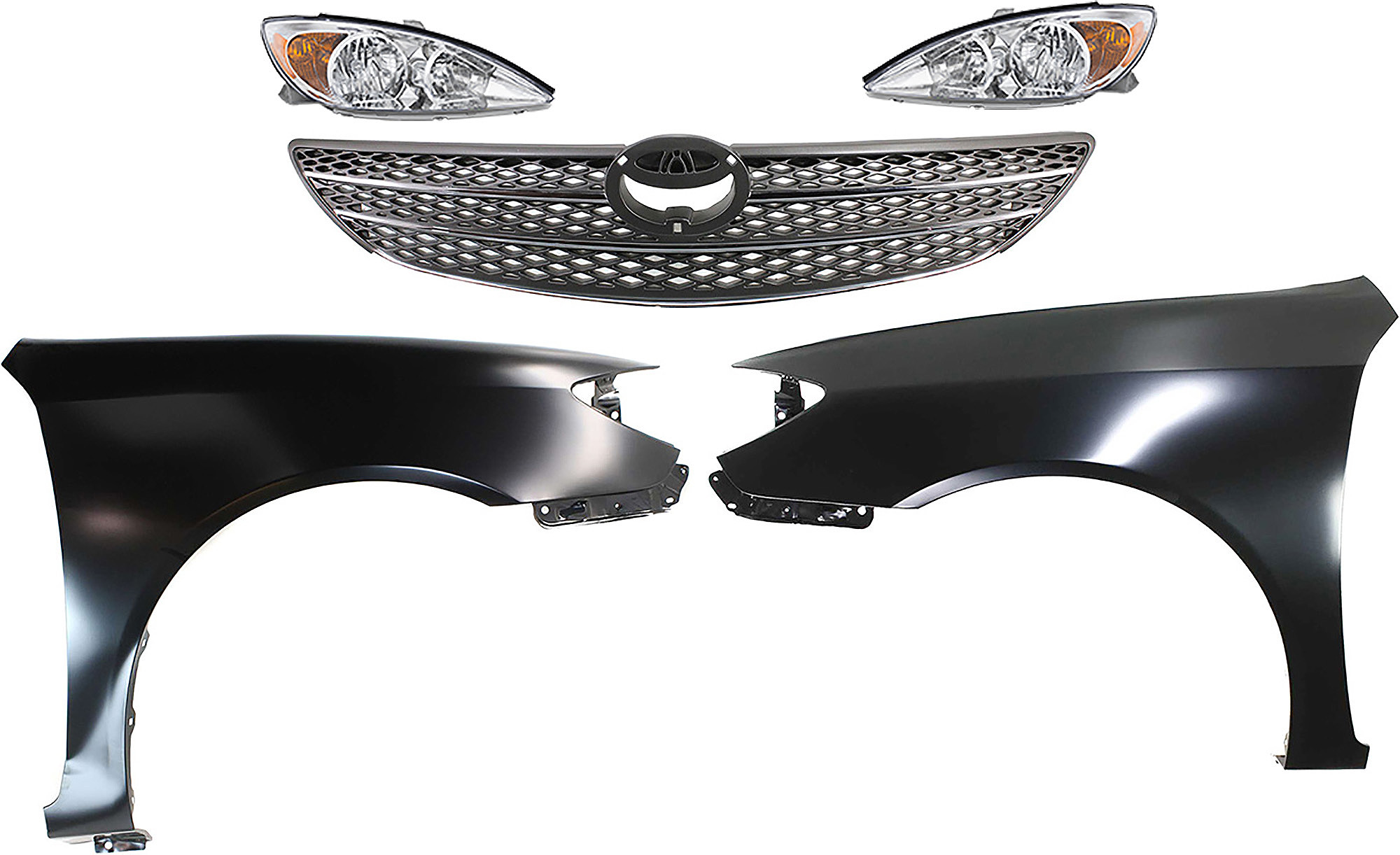 AM CAMRY 02-04 HEAD LAMP RH AND LH Assembly Halogen 5 pc Kit with Fenders and Grille Assembly SKU KIT 031323-117 Partslink TO2502137 TO2503137 TO1241184 TO1240184 TO1200233 OEM 81150AA060-81110AA060-53801AA0