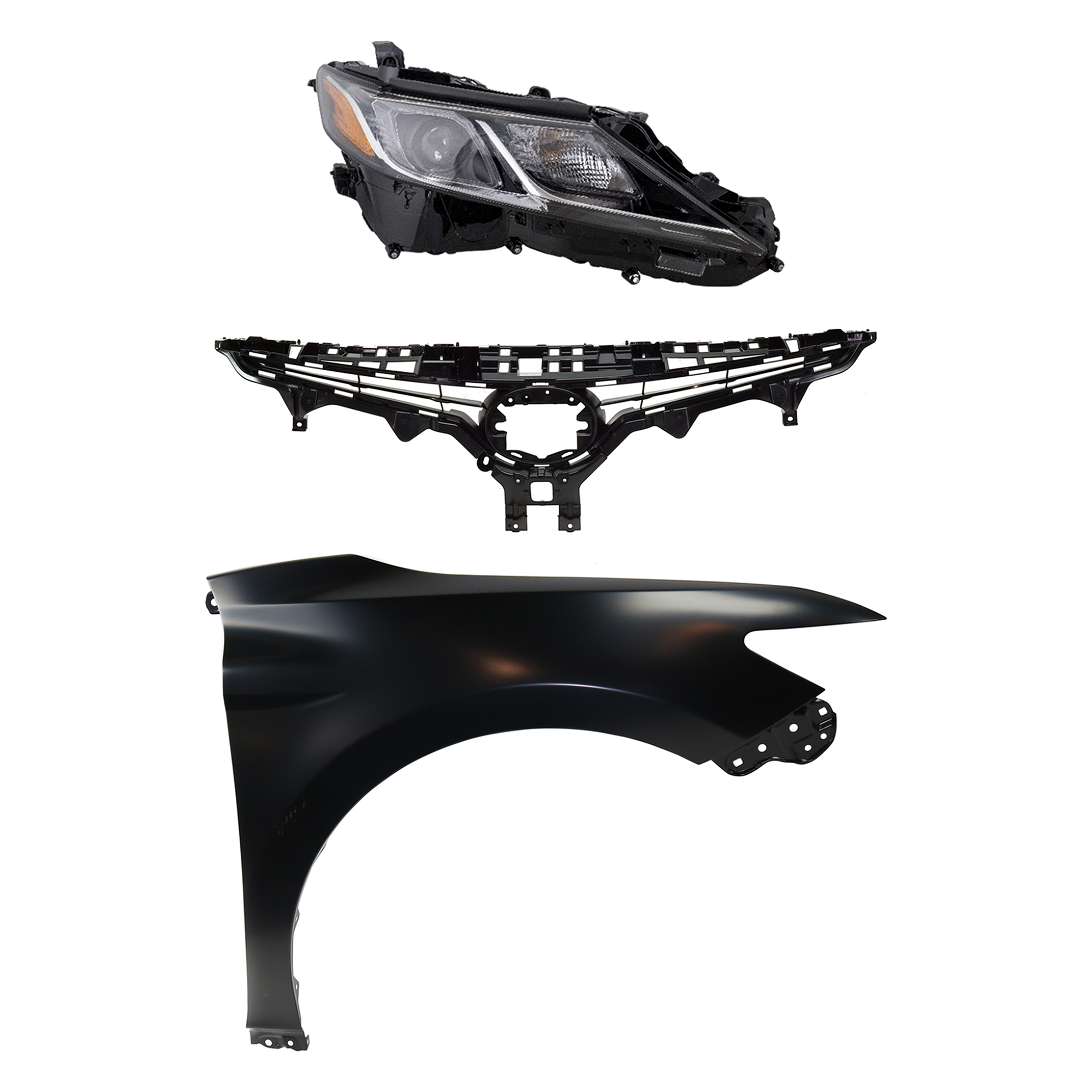 AM CAMRY 18-19 HEAD LAMP RH Assembly LED 3 pc Kit with Fender and Grille Assembly CAPA SKU KIT 031323-11801 Partslink TO1200422 TO1241266C TO2503255C OEM 5310106E10-5380106170-8111006C