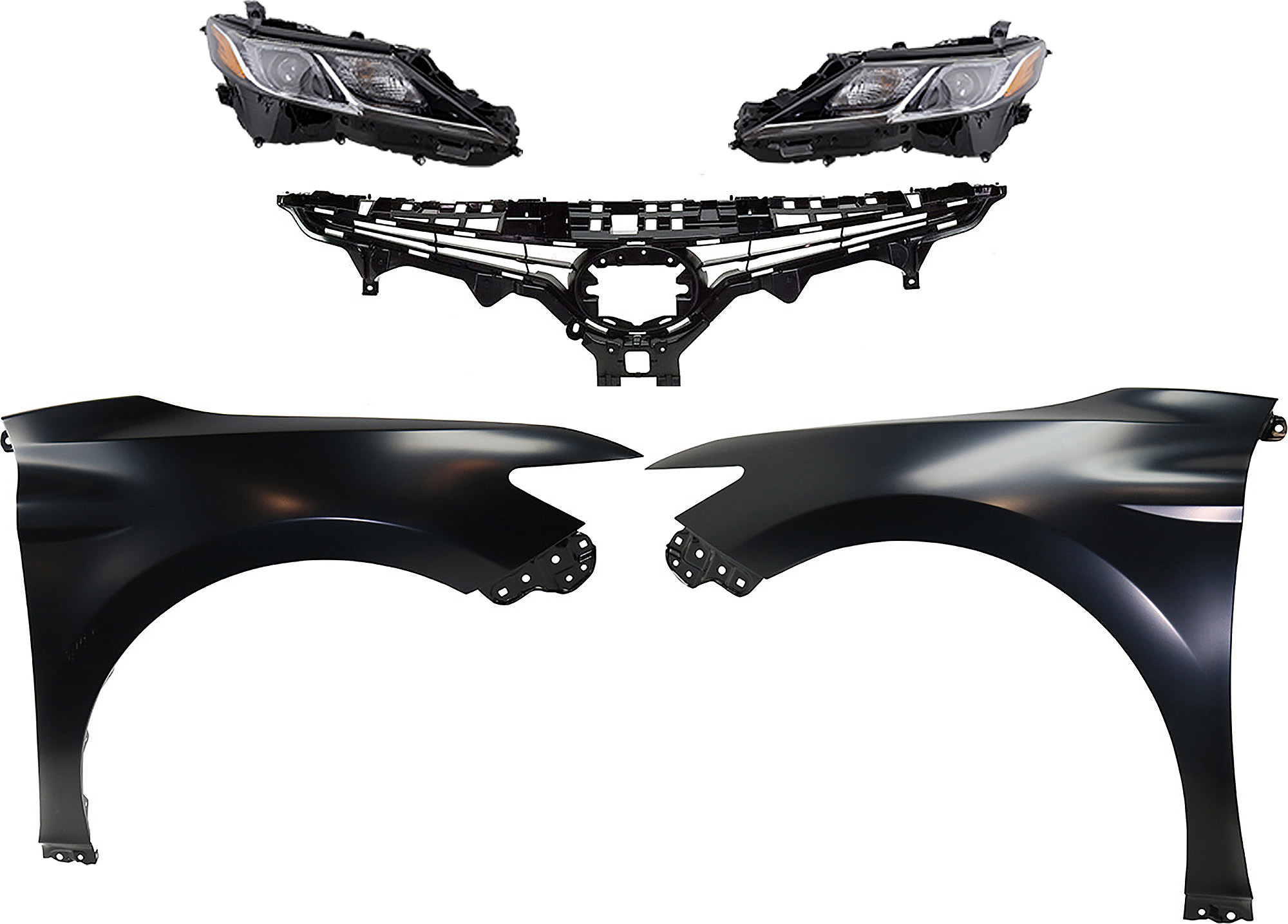 AM CAMRY 18-19 HEAD LAMP RH AND LH Assembly LED 5 pc Kit with Fenders and Grille Assembly CAPA SKU KIT 031323-118 Partslink TO1200422 TO1240266C TO1241266C TO2502255C TO2503255C OEM 5310106E10-5380106170-53802061