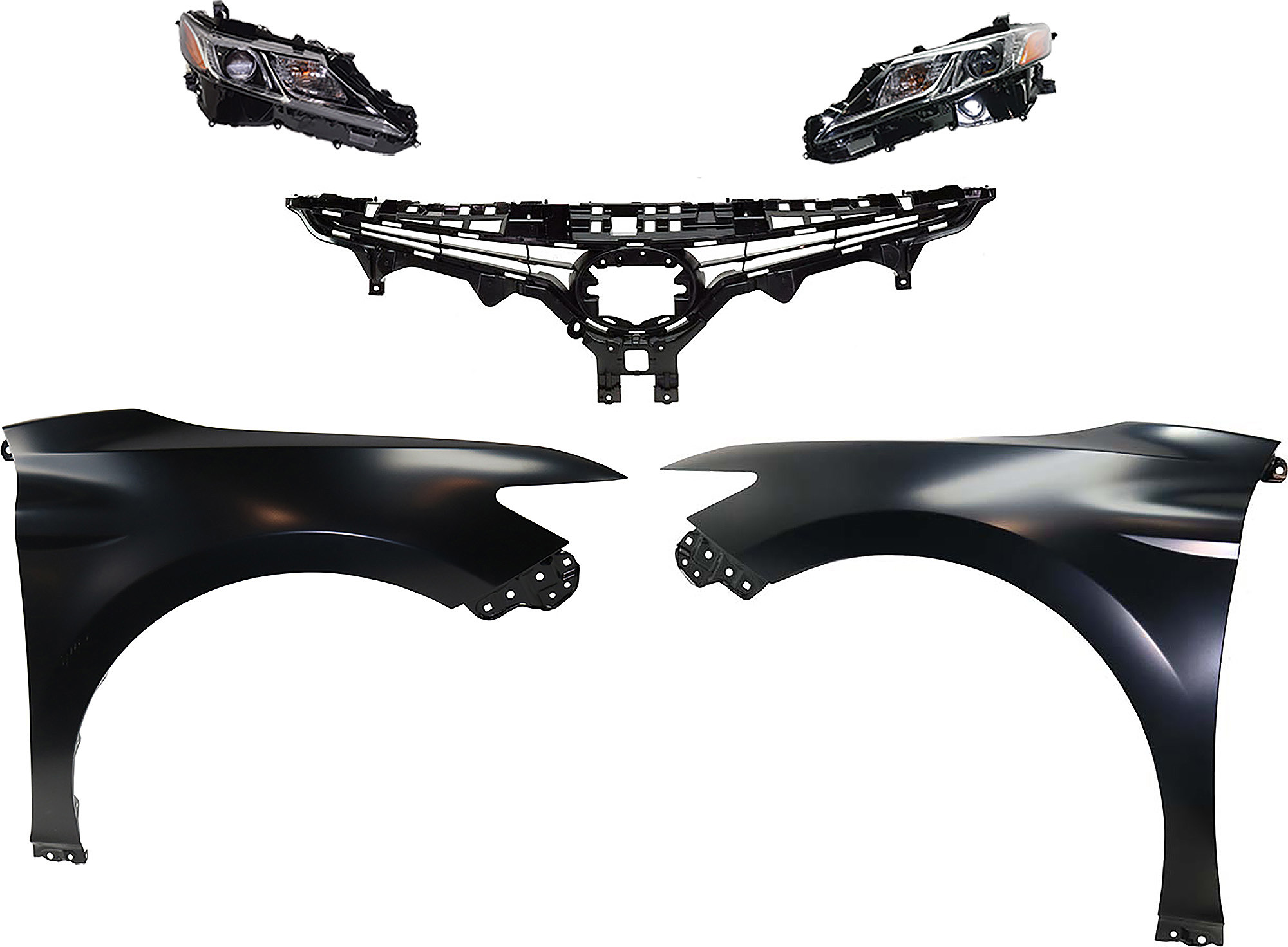AM CAMRY 19-20 HEAD LAMP RH AND LH Assembly Halogen 5 pc Kit with Fenders and Grille Assembly SKU KIT 031323-122 Partslink TO2503277 TO2502277 TO1240266 TO1241266 TO1200422 OEM 8111006C41-8111006G10-8115006C